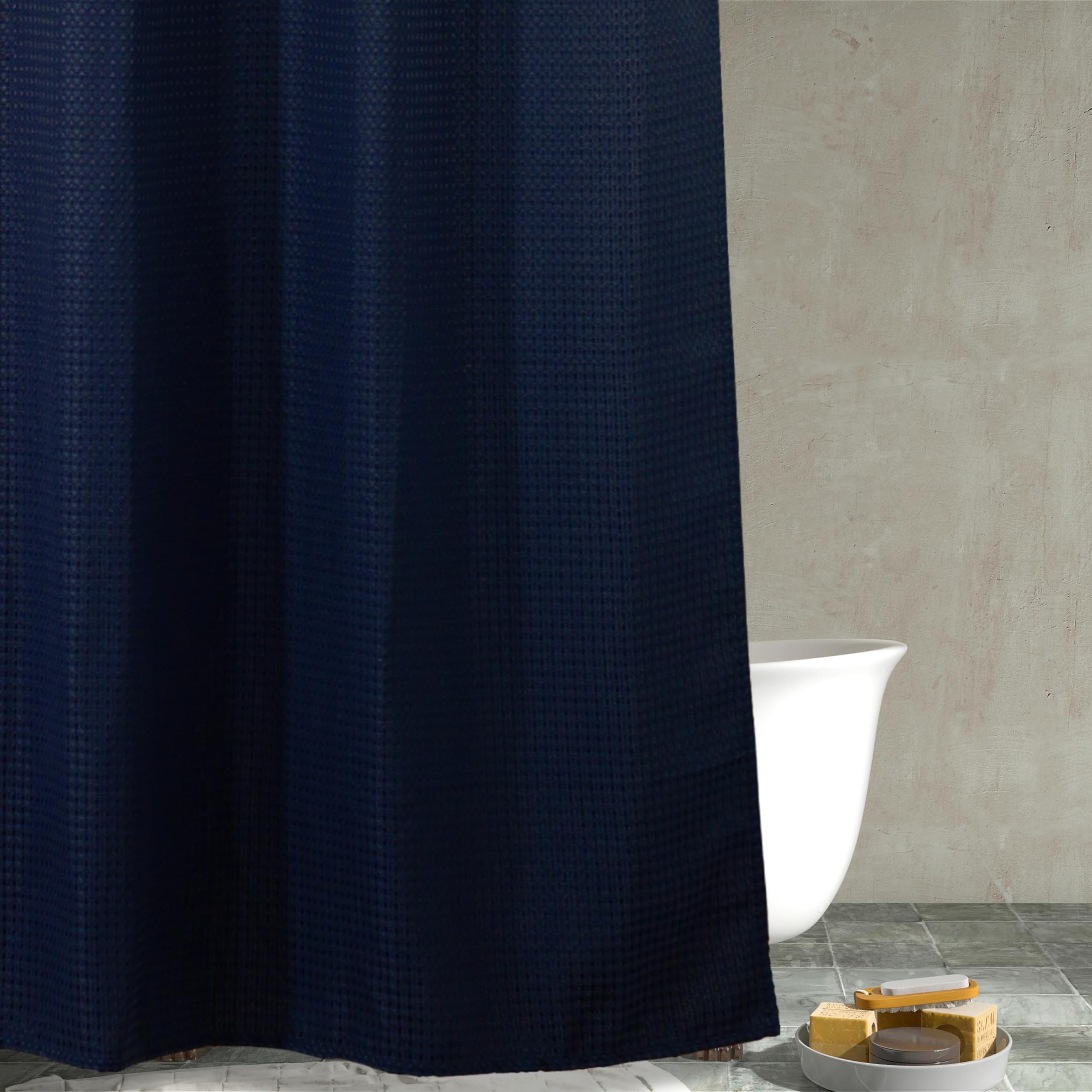 Popkozzi Navy Blue Waffle Shower Curtain | Heavy Duty Textured Fabric