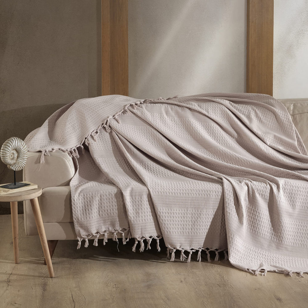 Milam London Beige Cotton Waffle Throw Blanket | King Size Bedspread