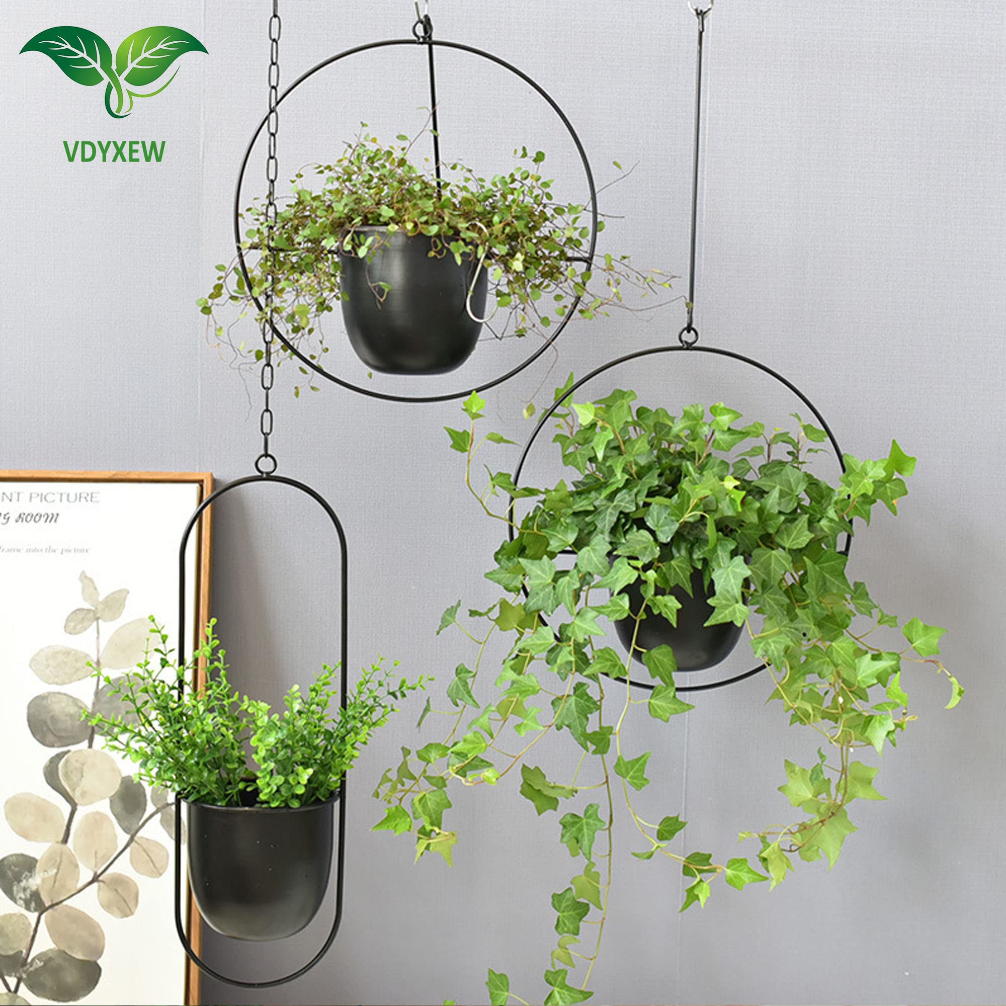 VDYXEW Metal Hanging Flower Pot | Modern Indoor Outdoor Planters, Black, 2-Pack