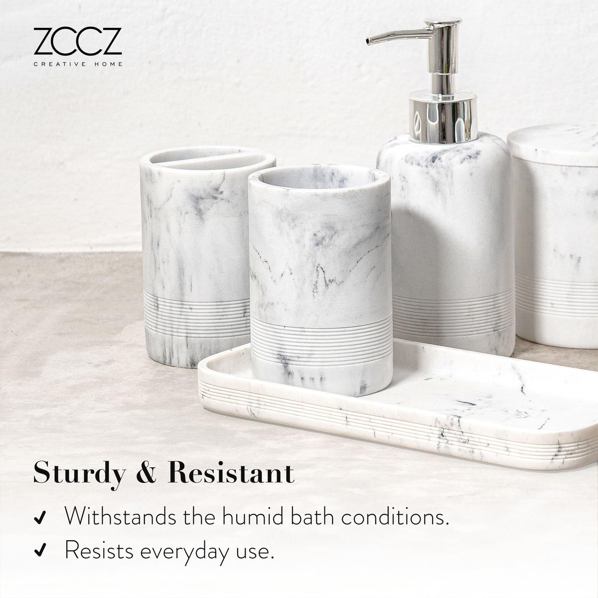 ZCCZ White Bathroom Accessory Set 6 Pieces - Organiser With Toothbrush Holder, Lotion Soap Dispenser, Vanity Tray and 2 Q-tip Holders - image 5