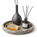 WORHE Round Marble Vanity Tray, Gray Travertine,Natural Marble Stone 24cm D
