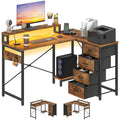 YITAHOME Computer Desk with Drawers L Shaped LED Power 130cm Vintage