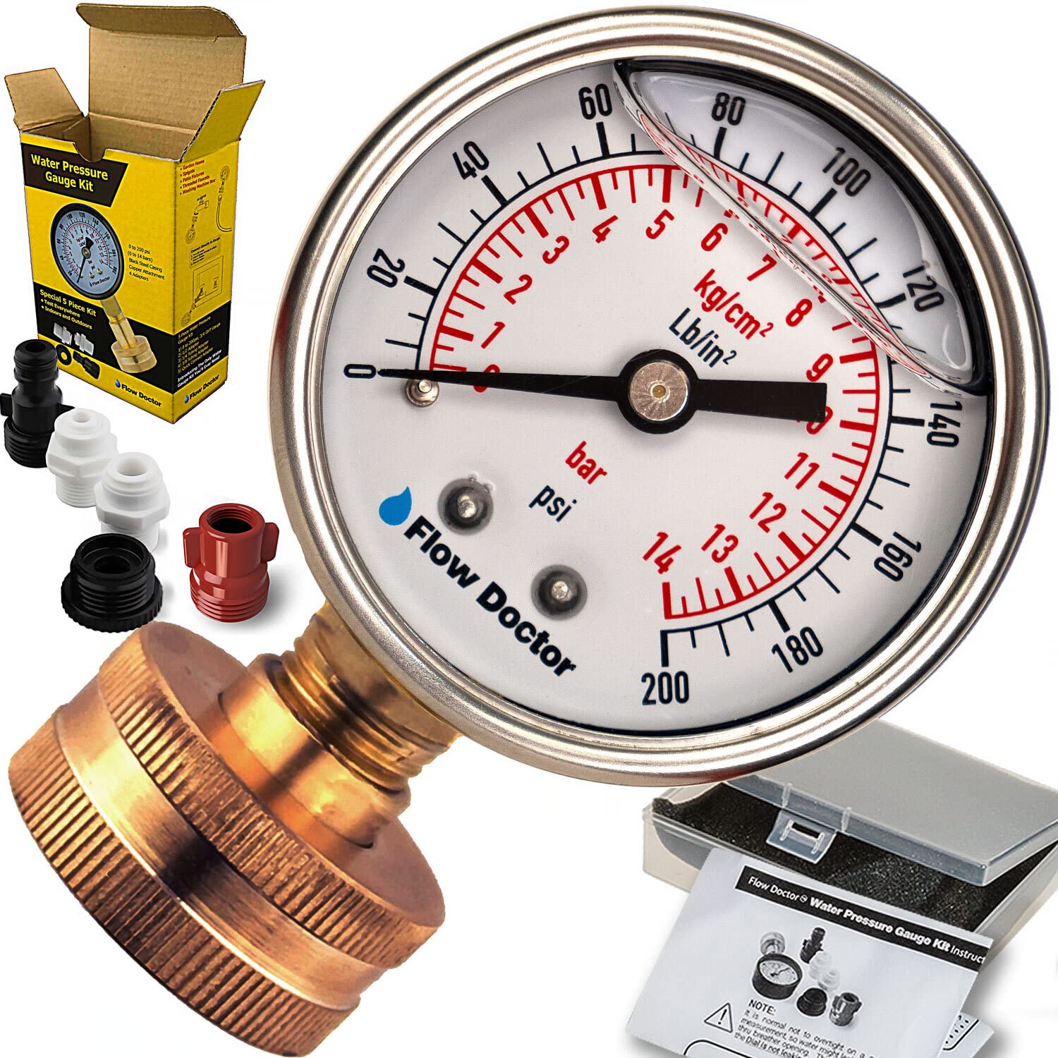 Flow Doctor Water Pressure Gauge Kit | 0-200 PSI Glycerin Filled 6-Piece Set