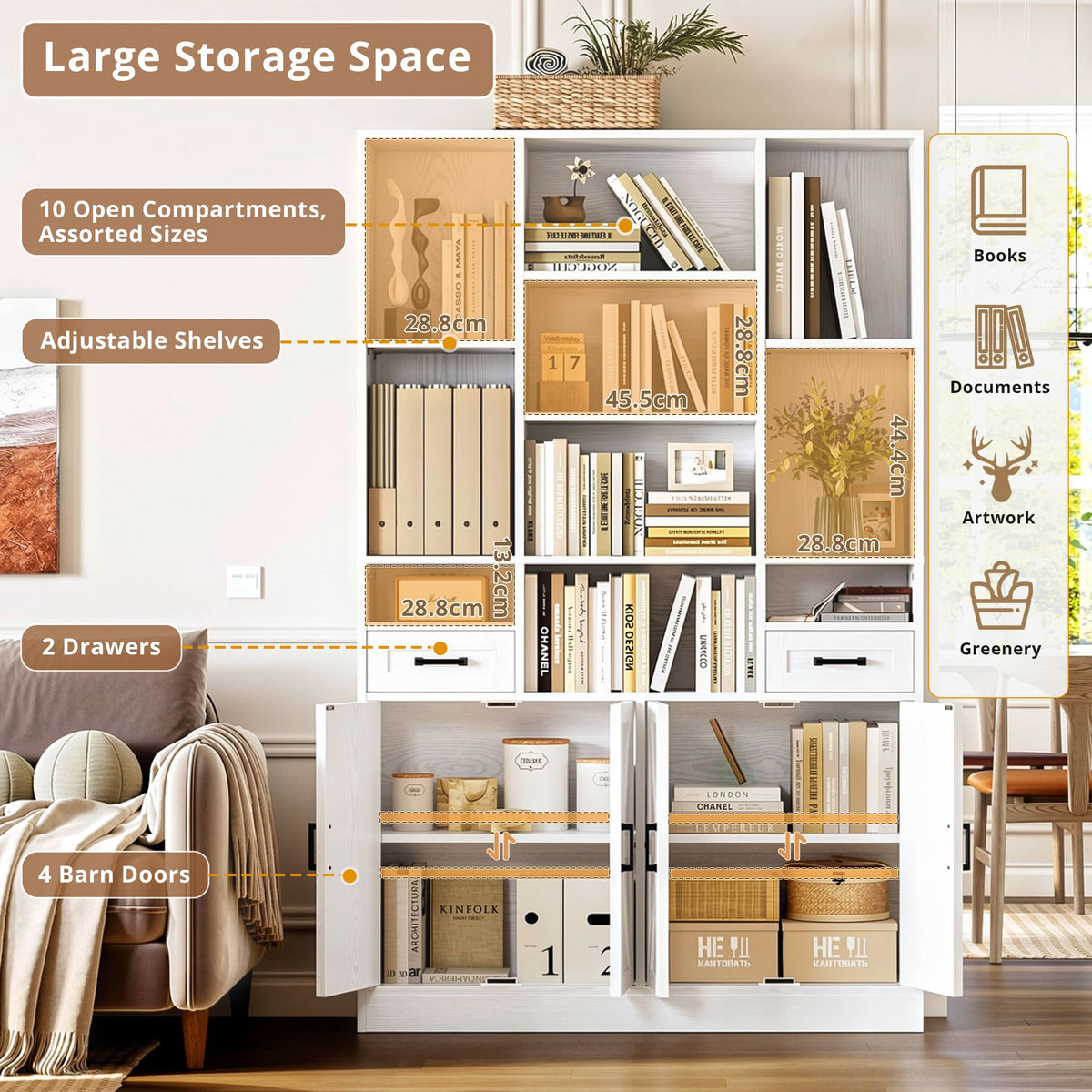 IRONCK Bookcase Bookshelf with Doors & Drawers 190cm Tall Living Room Bookcases,10 Multi-Size Open Compartments, Free Standing Display Shelf - image 4