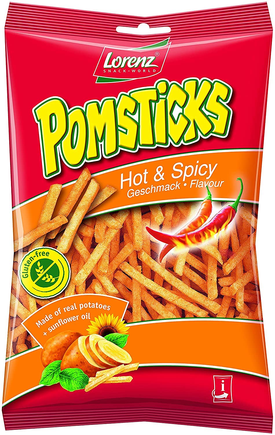 Pomstick Hot & Spicy Potato Sticks - 85g Crispy Chips (Pack of 10)