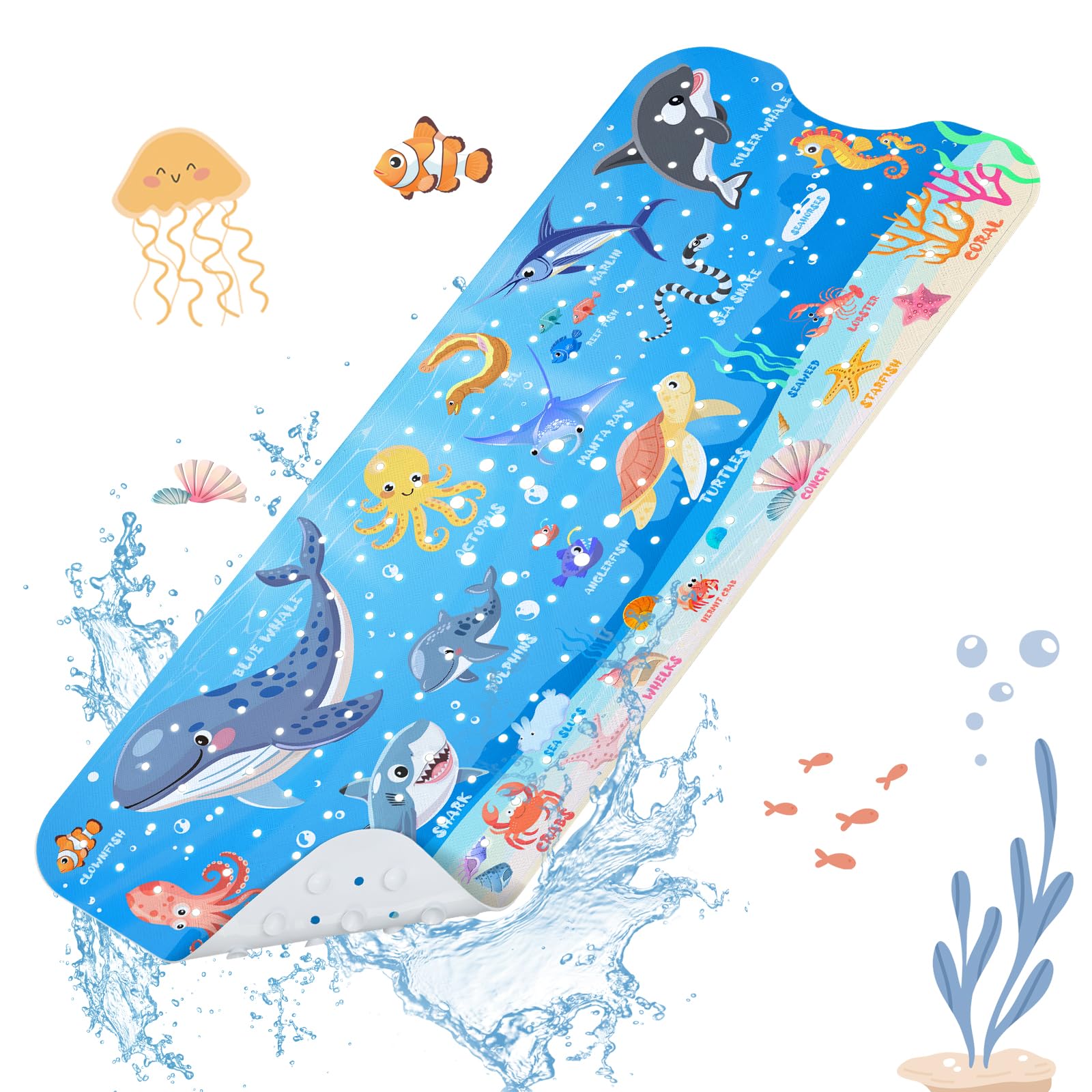 SHUCHING Sea Animals Kids Bath Mat | 100x40cm Non-Slip PVC Bathtub Mat