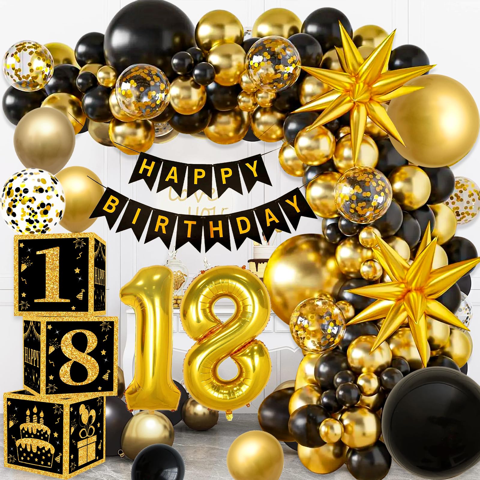 YEJIKJ 18th Birthday Decorations Set – Black and Gold Balloon Garland Kit