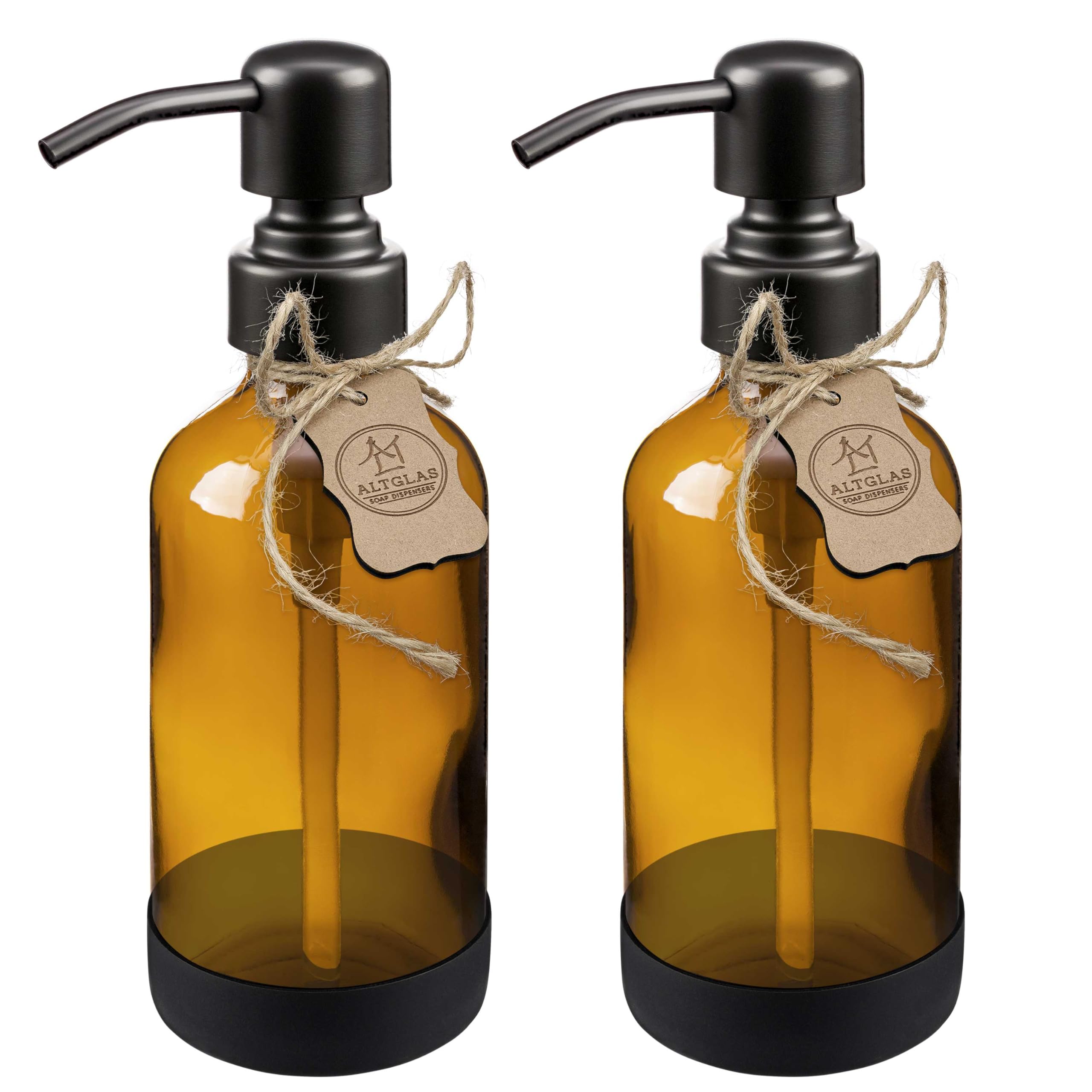 ALTGLAS Sarajevo Amber Glass Soap Dispenser Set | Matte Black Steel Pump