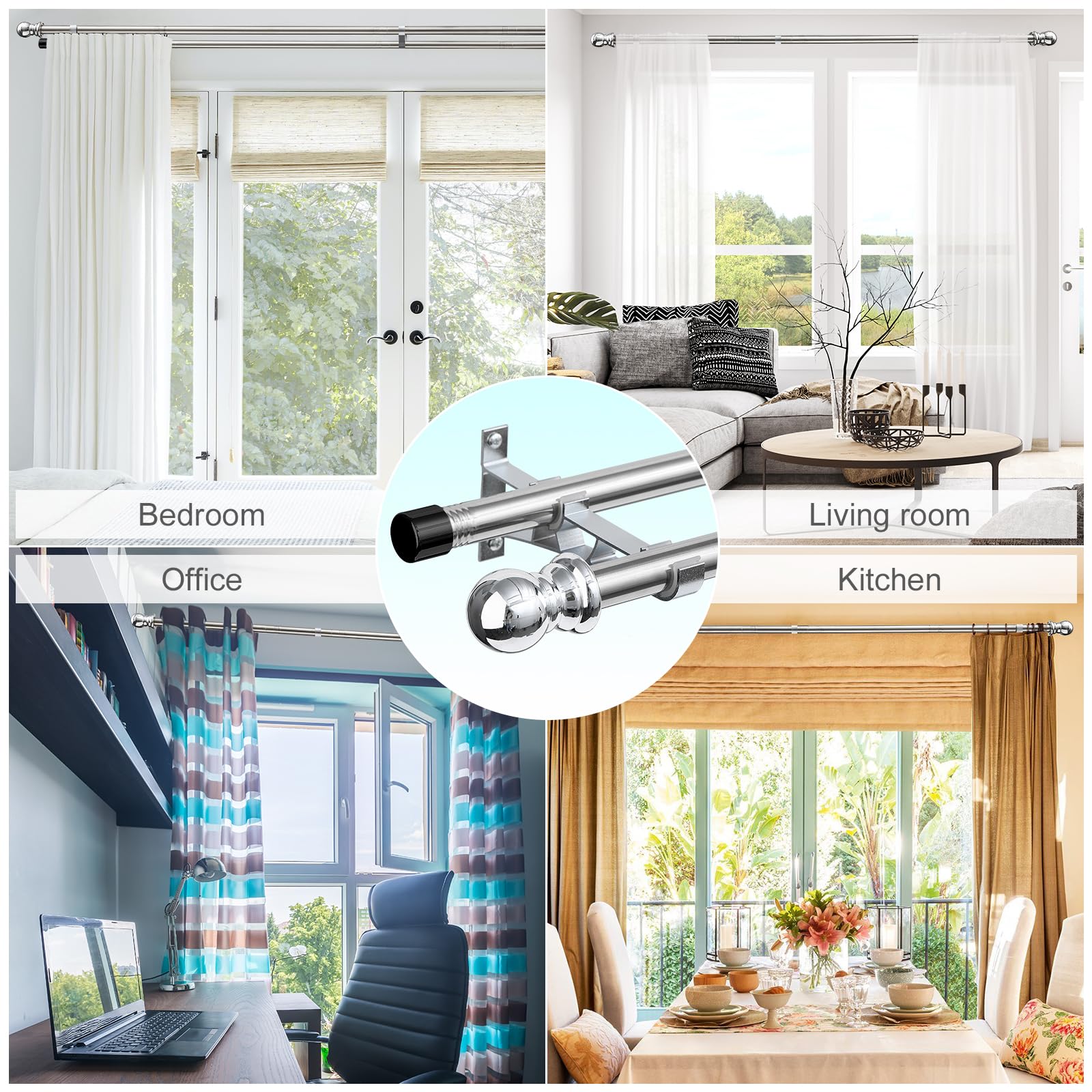 INFLATION Double Curtain Rods | 76-368cm Heavy Duty Silver Stainless Steel