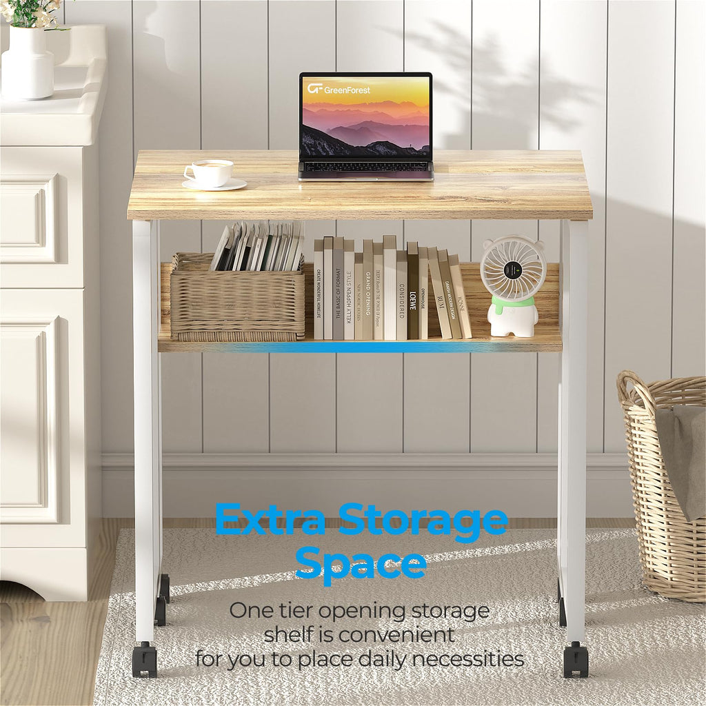 GreenForest Small Folding Computer Desk with Storage Shelf | Oak