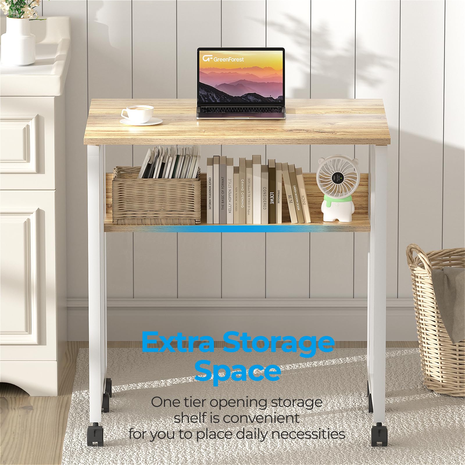 GreenForest Small Folding Computer Desk with Storage Shelf | Oak