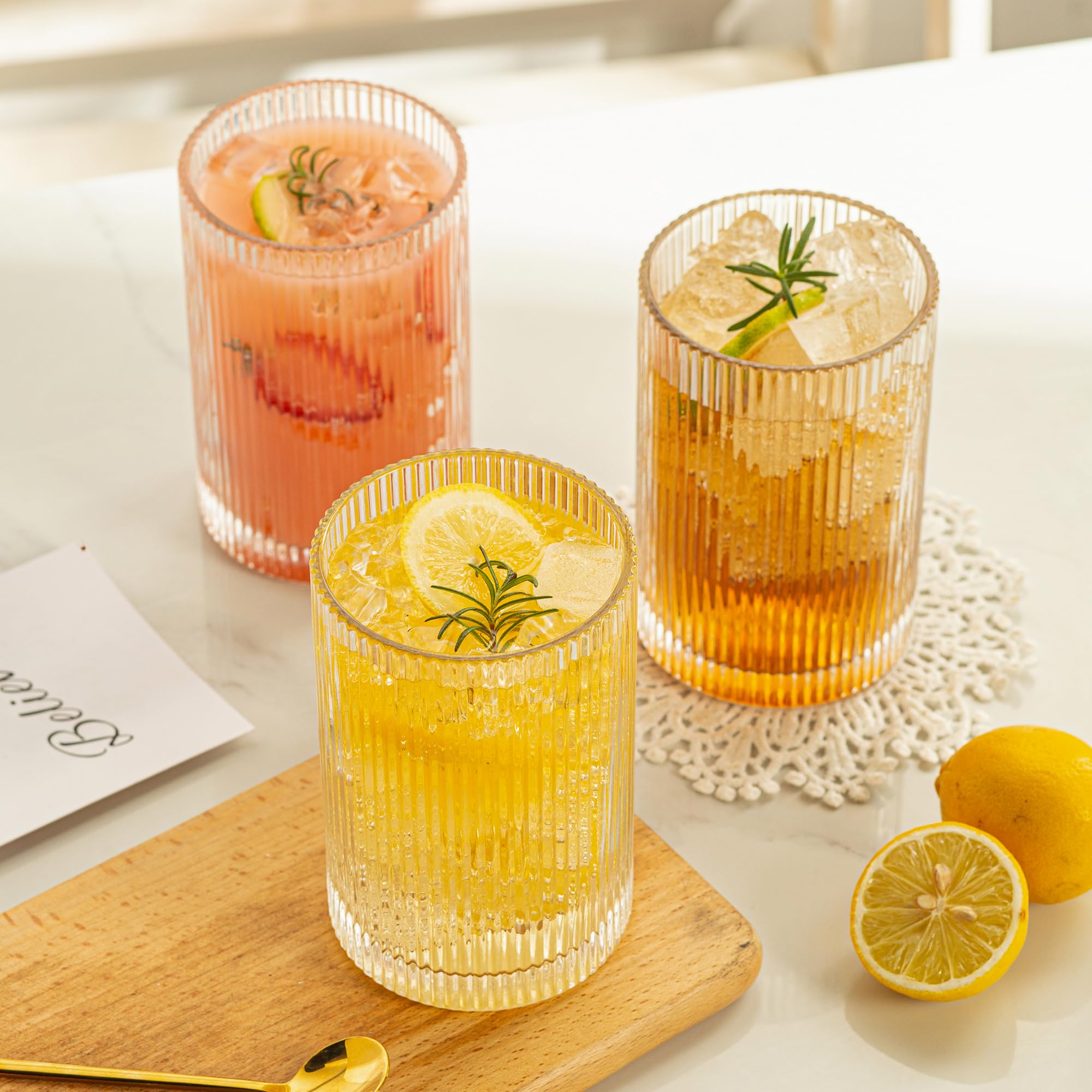 POLIDREAM Ribbed Glassware Set | 6pc 16.9oz Fluted Origami Drinking Glasses