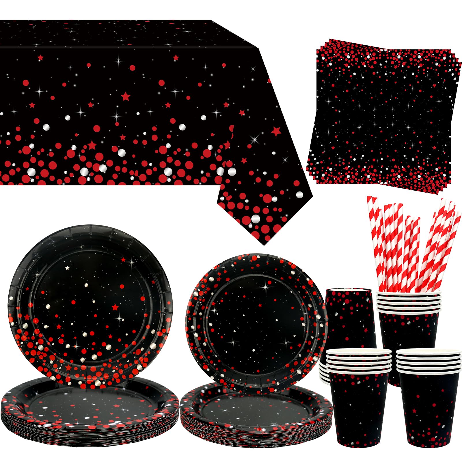 Red and Black Party Tableware Set - 101 Piece Kit for 20 Guests