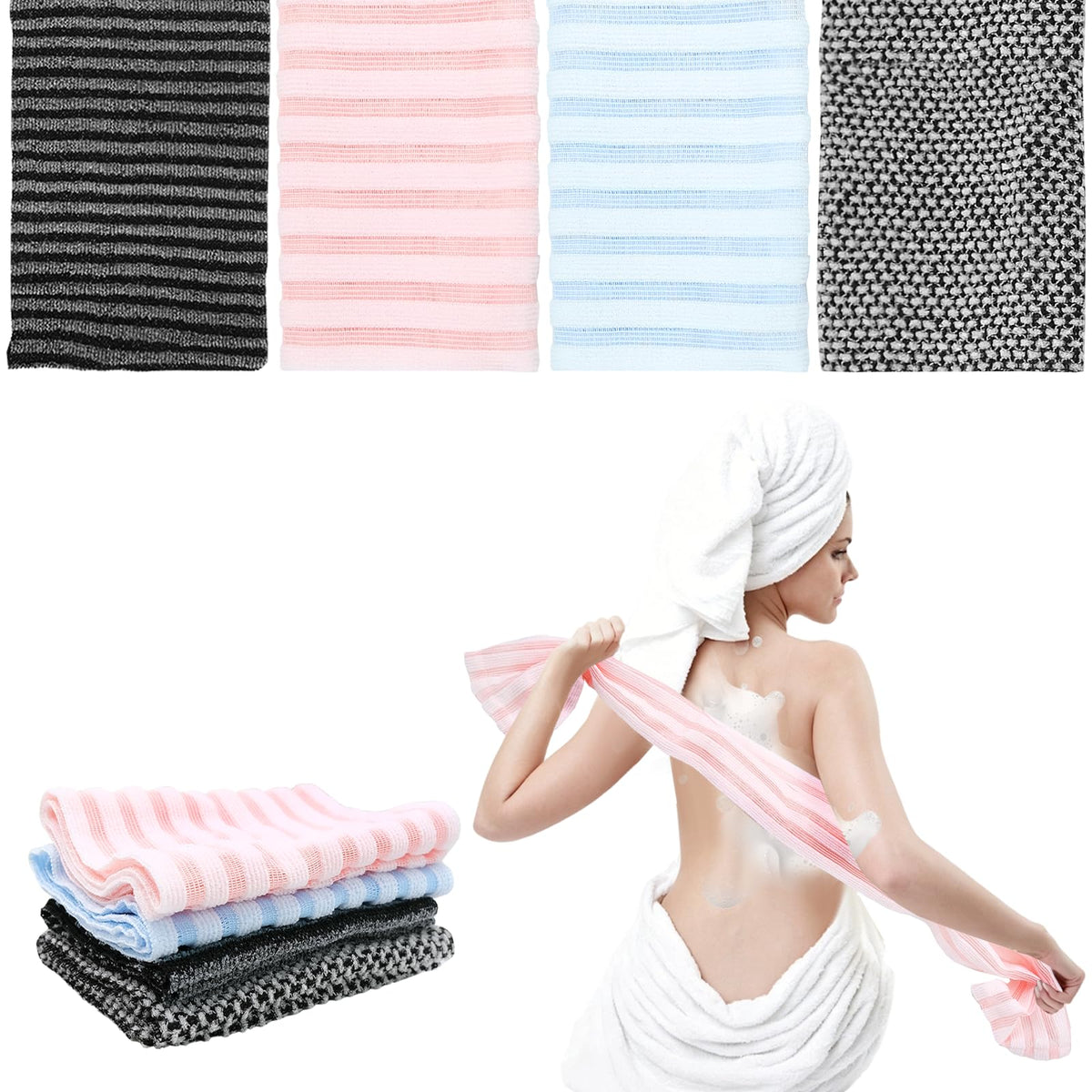 Japanese Exfoliating Shower Towel 4-Pack - Strong Exfoliation Back Scrubber for Dead Skin, Antibacterial Nylon Mesh Washcloth - image 1