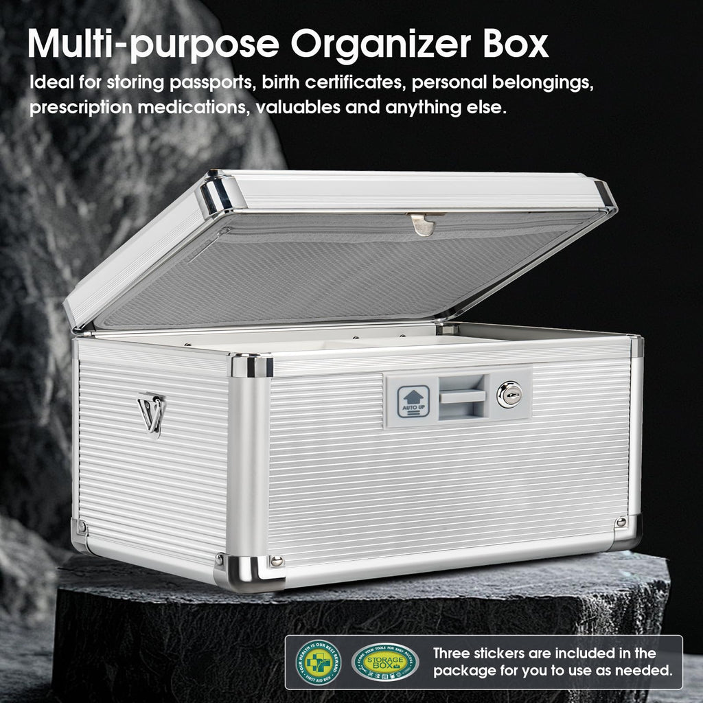 ZORVIDSON Medicine Lock Box with Key – Extra Large Silver Storage Case