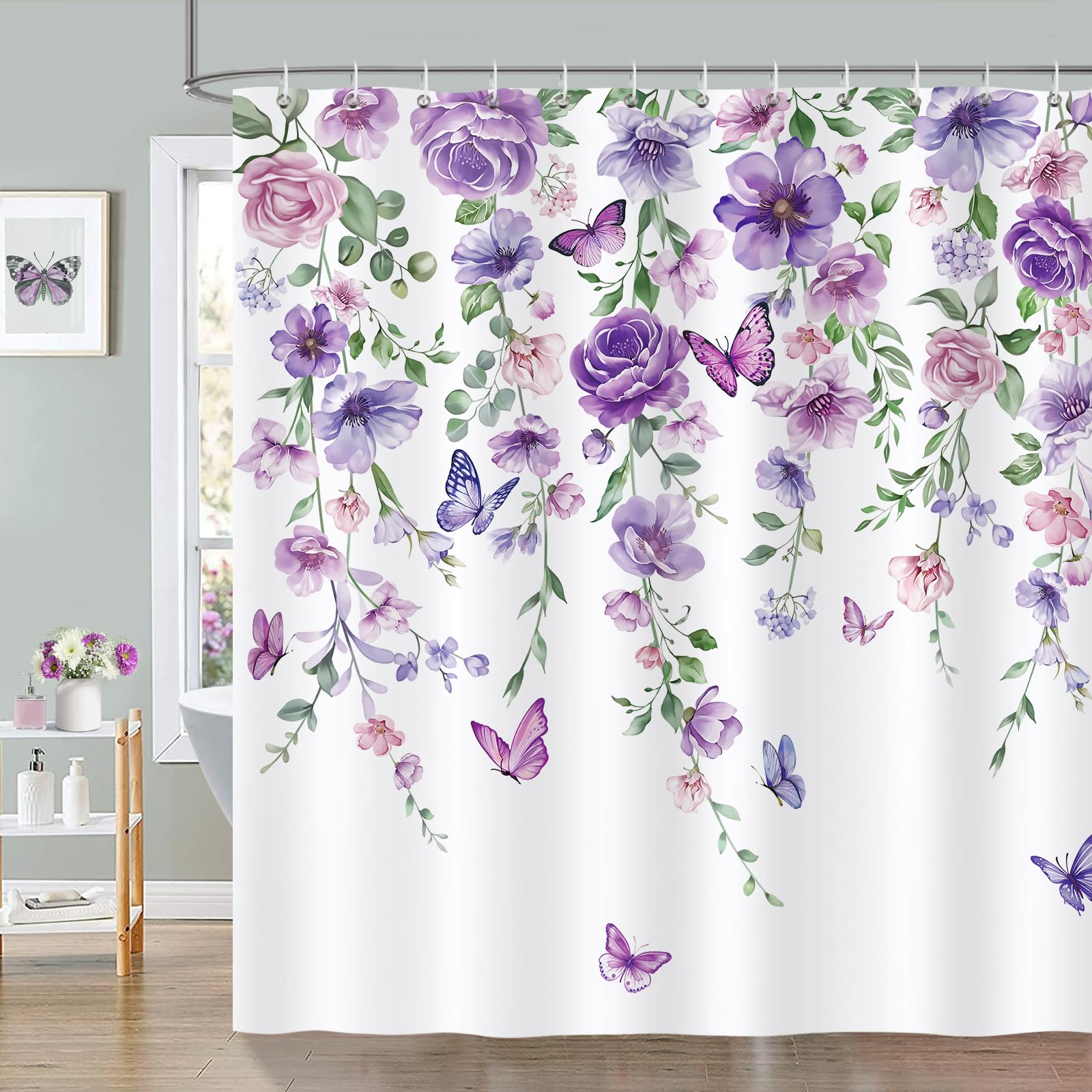 Bonhause Purple Floral Shower Curtain | Waterproof Polyester, 180x180cm