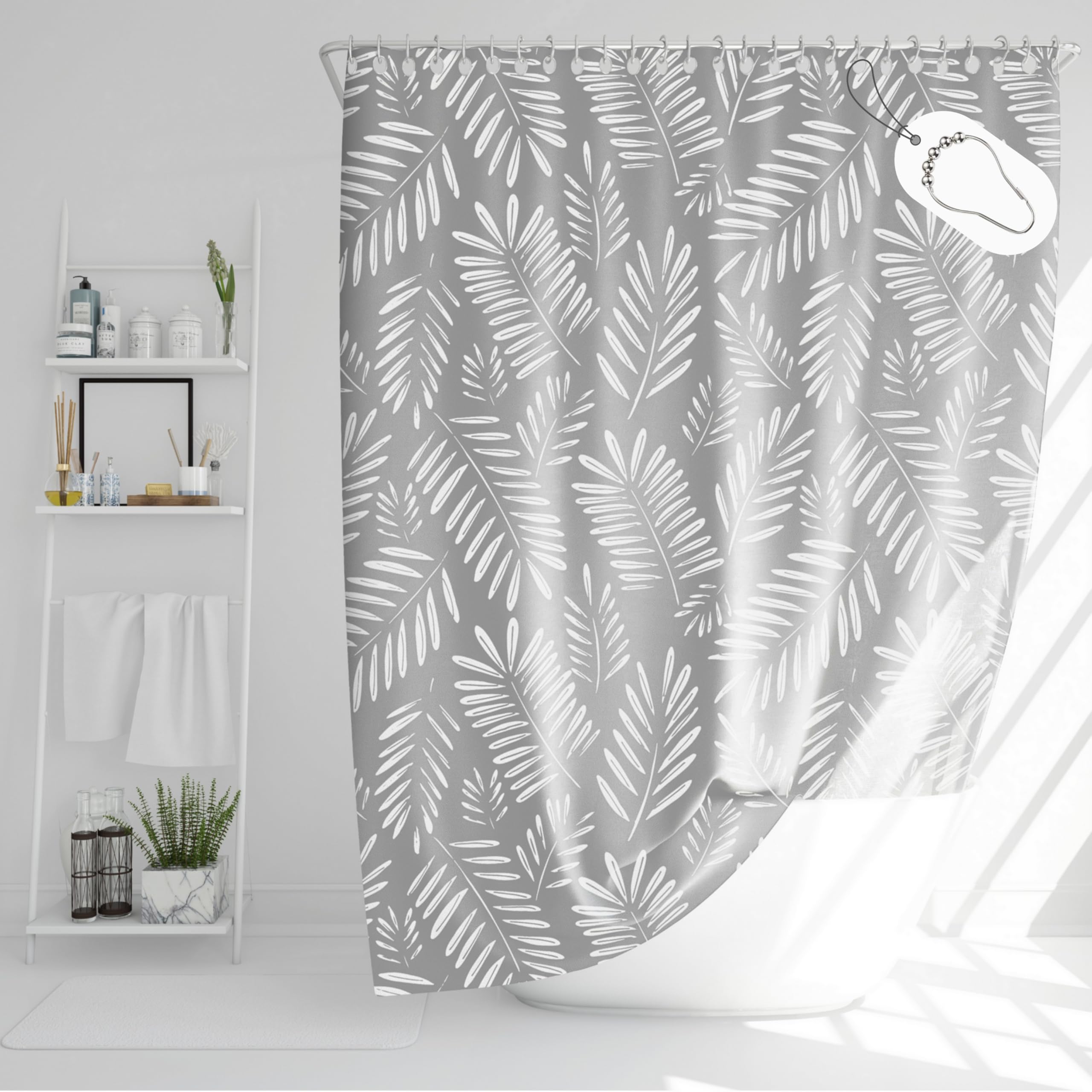 DROPHOP Grey Palm Leaf Shower Curtain – 240x200cm Waterproof Polyester