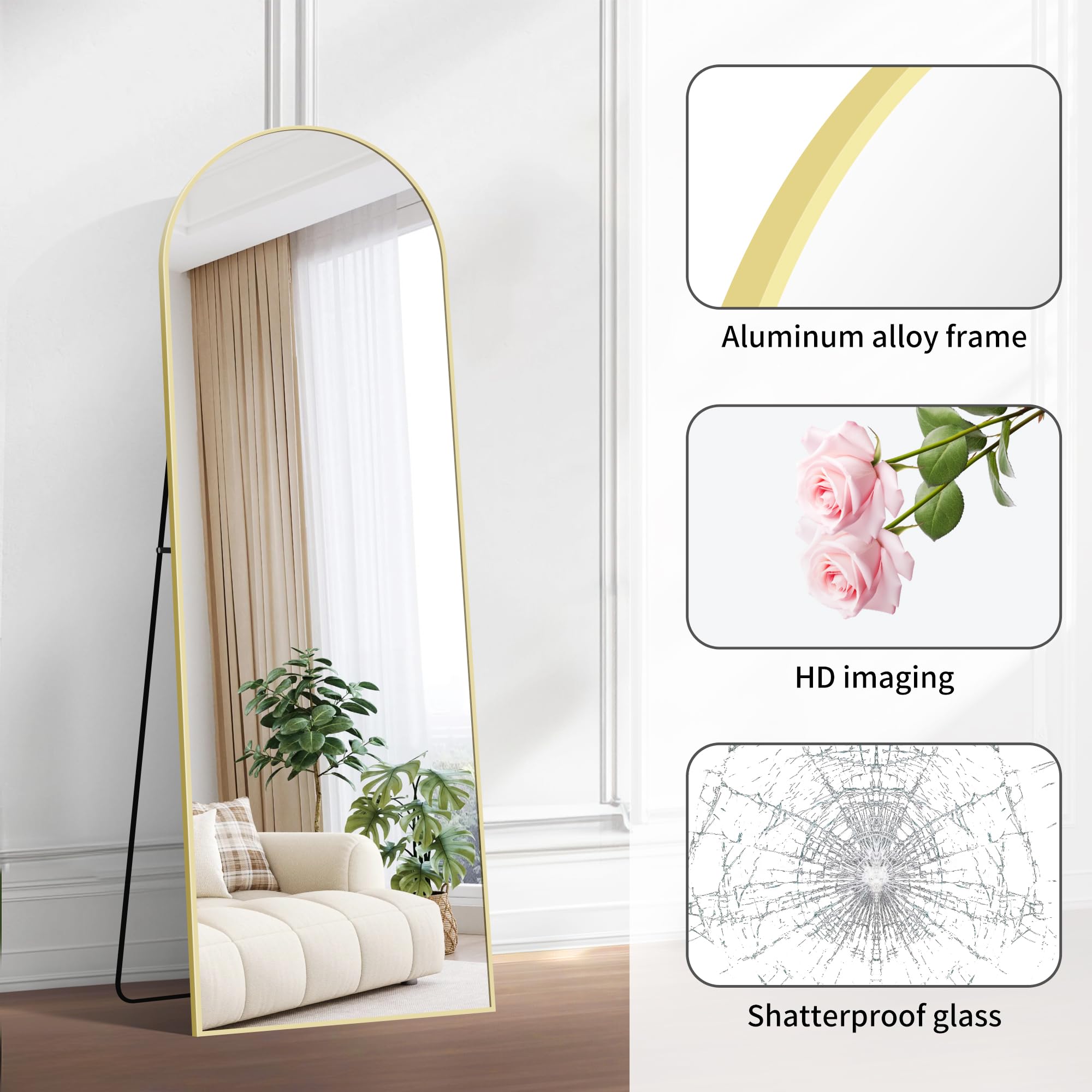 BONEWEI Arched Full Length Mirror | 161x52cm Gold Aluminium Floor Mirror