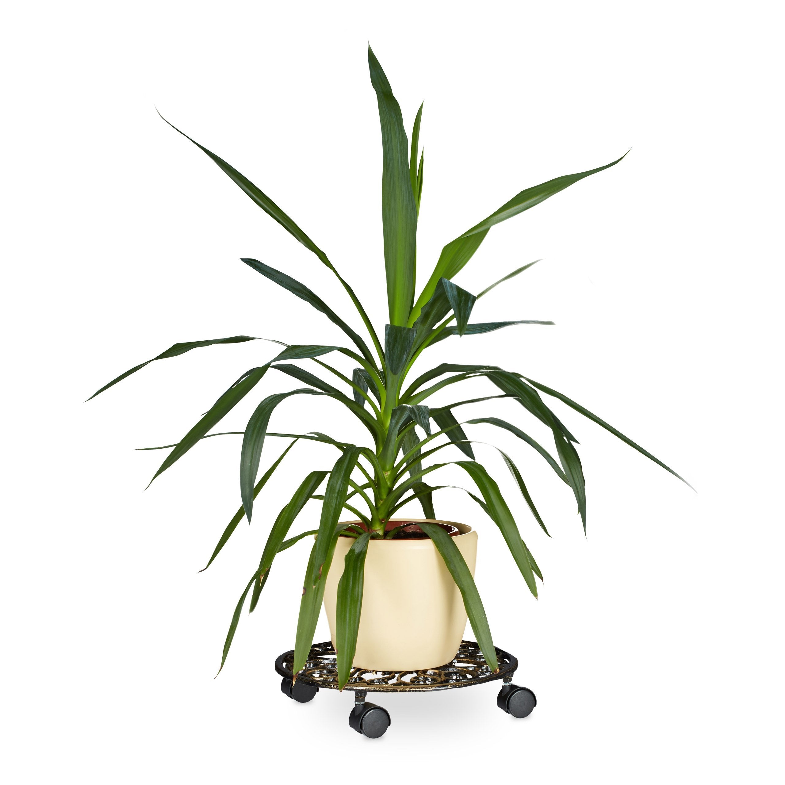 Relaxdays Cast Iron Plant Caddy | Round 33.5cm Metal Pot Trolley - Bronze