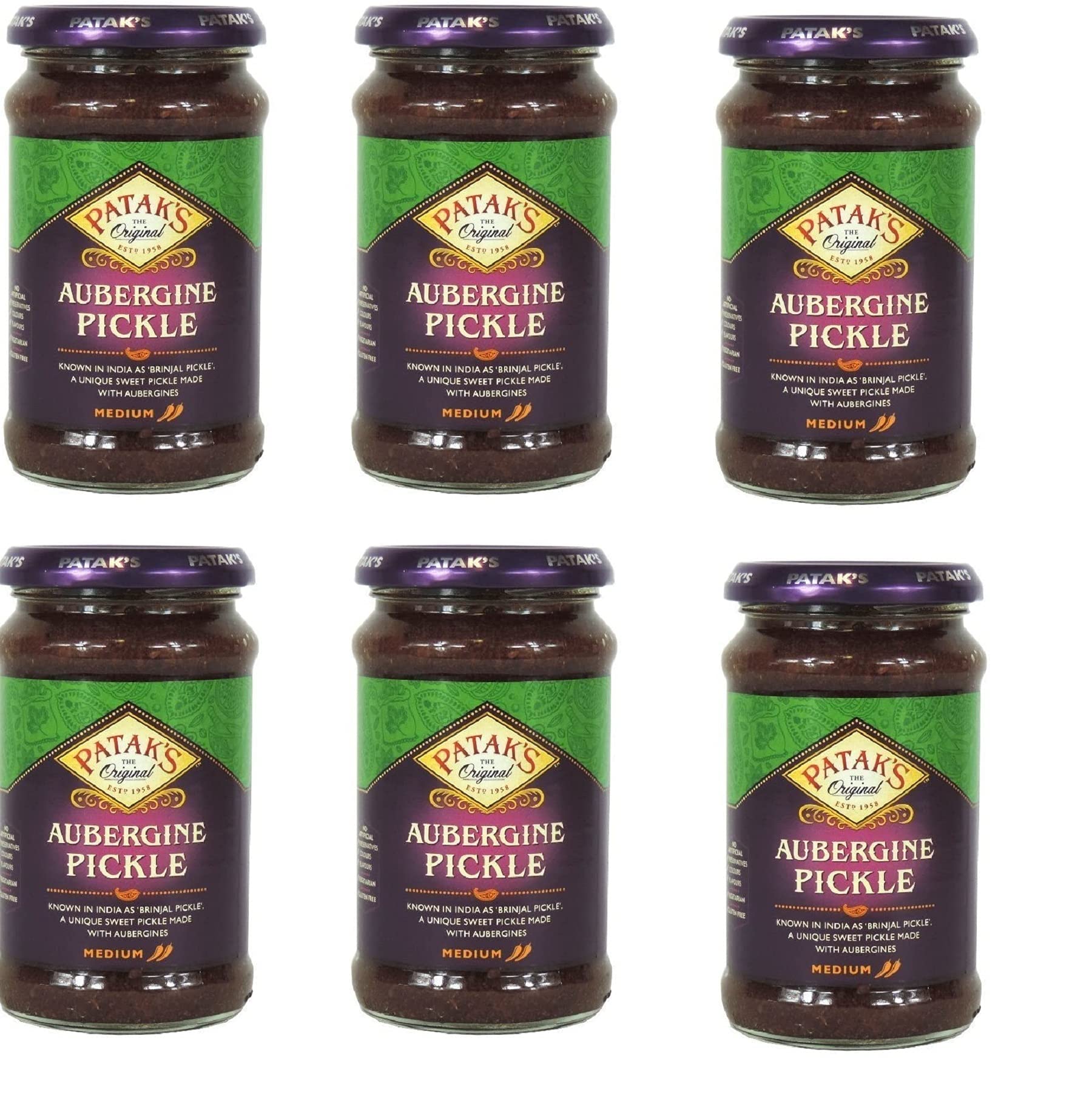 Patak's Brinjal Aubergine Pickle - Medium Spicy Indian Relish (283g) - 6 Pack