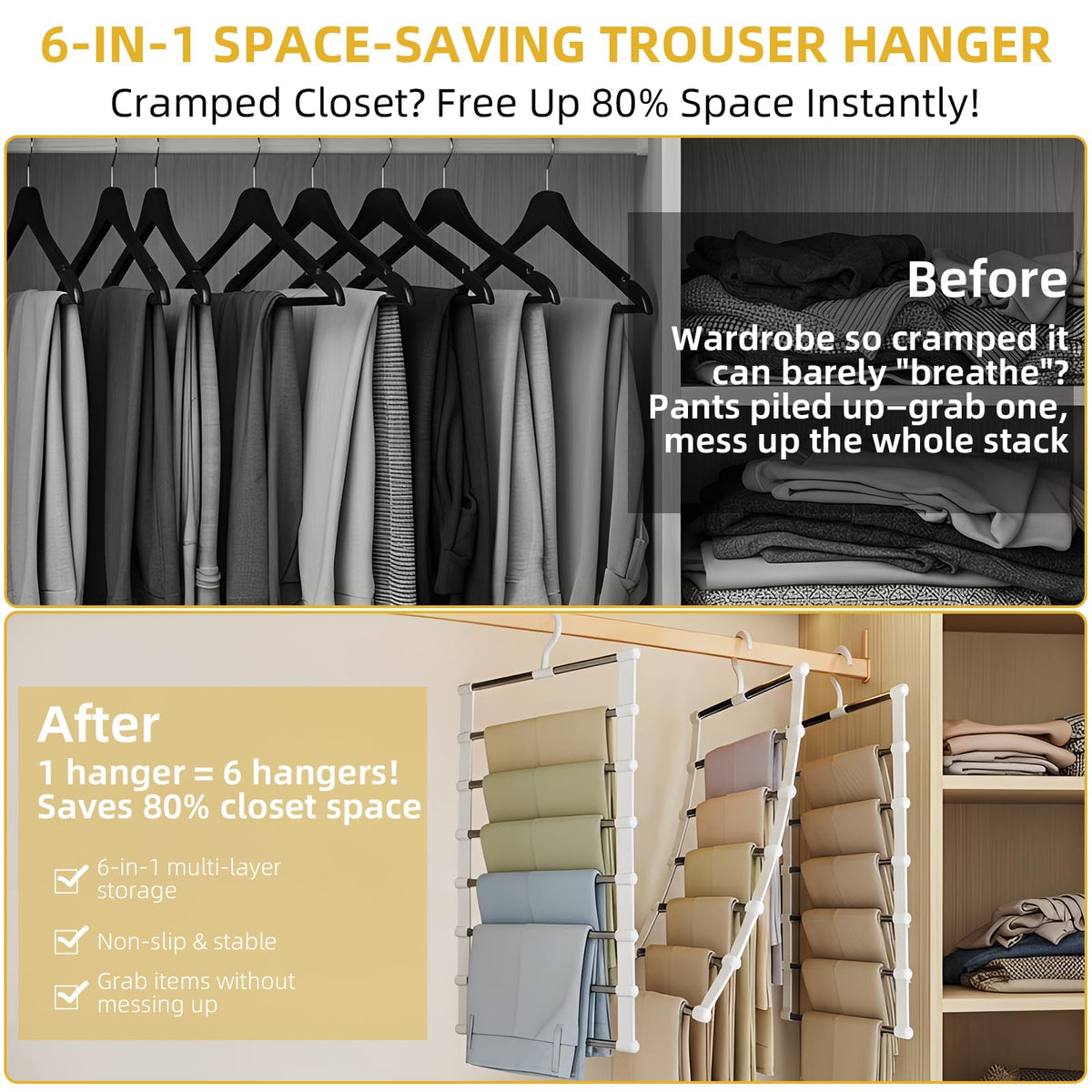 Trouser Hangers Space Saving for Wardrobe Closet, 3 Pack Multi Layer Metal Trouser Hangers for Women, 360° Rotatable Closet Organizer for Skirt - image 2
