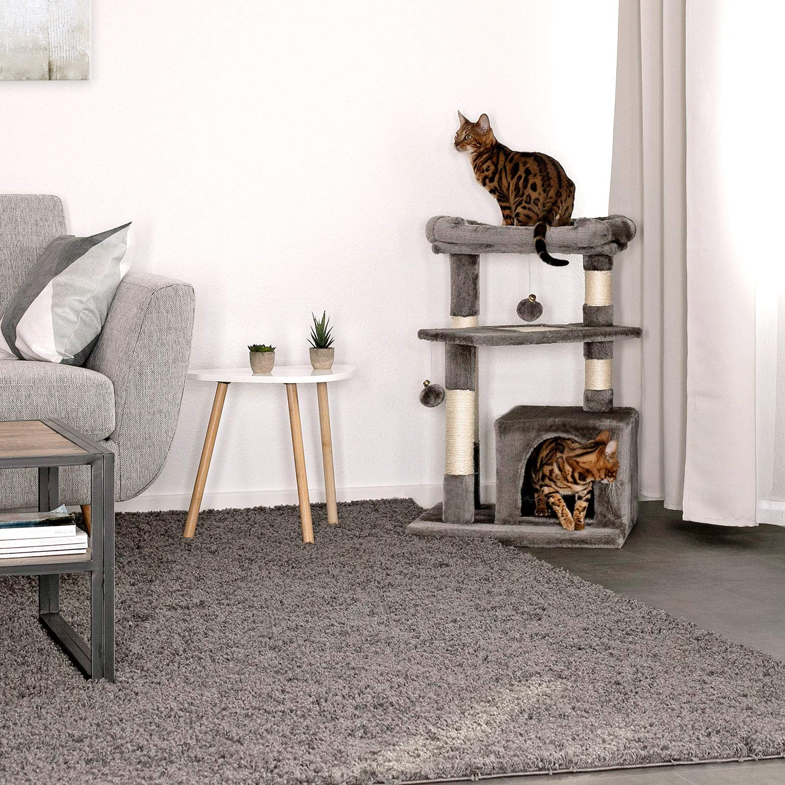 lionto Cat Tree with Sisal Scratching Post, Cave & Bed - Dark Grey, 75 cm