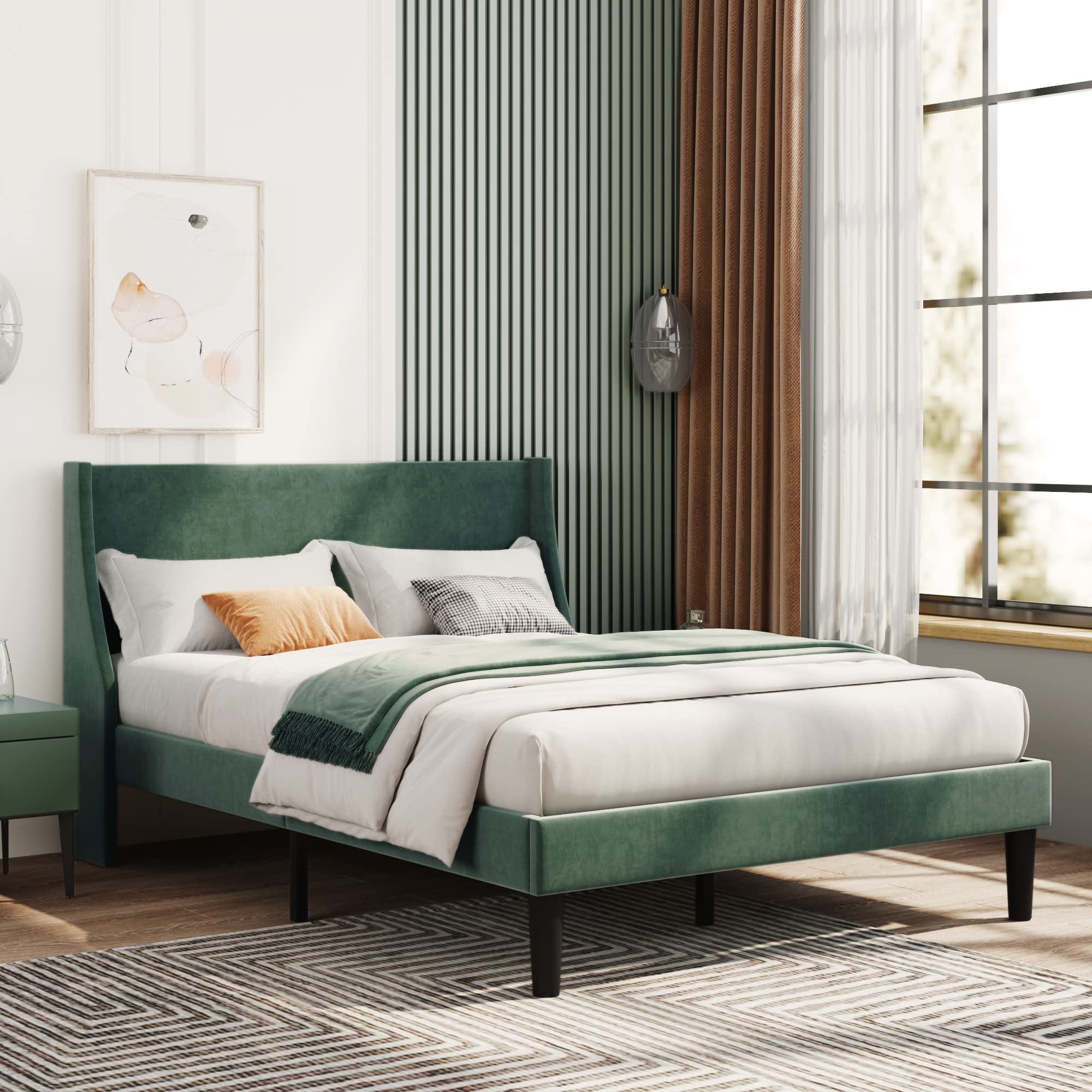 Merax 4FT6 Double Bed – Wingback Upholstered Velvet Frame, Dark Green