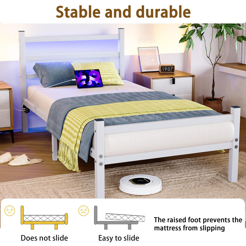 BORPHOM 3ft Single Bed Frame with Headboard & LED Lights,Heavy Duty Metal Platform Bed Frame with Charging Station,Mattress Base/Strong Steel Slats