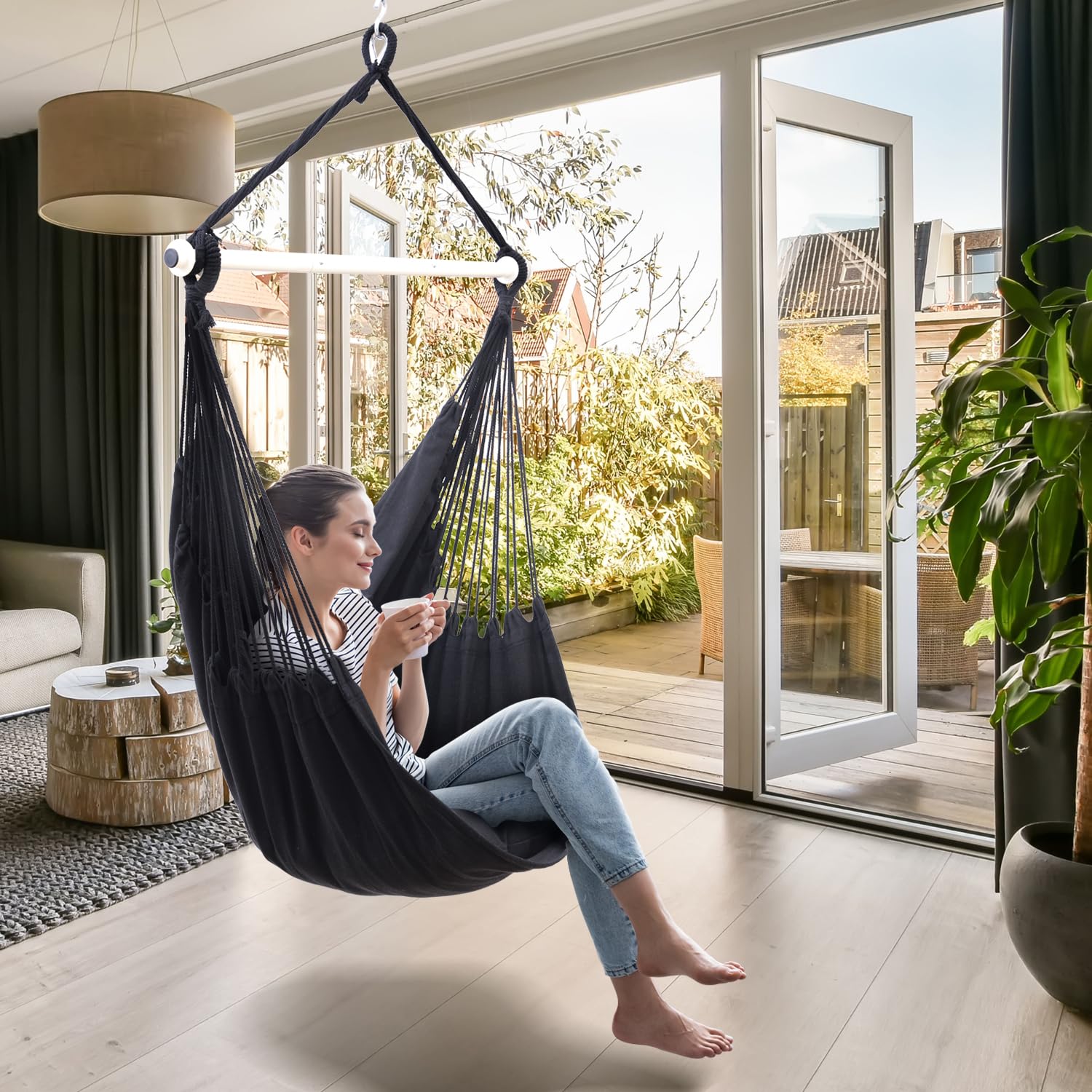 Ohuhu XL Hanging Hammock Chair with 2 Cushions and Metal Support Bar