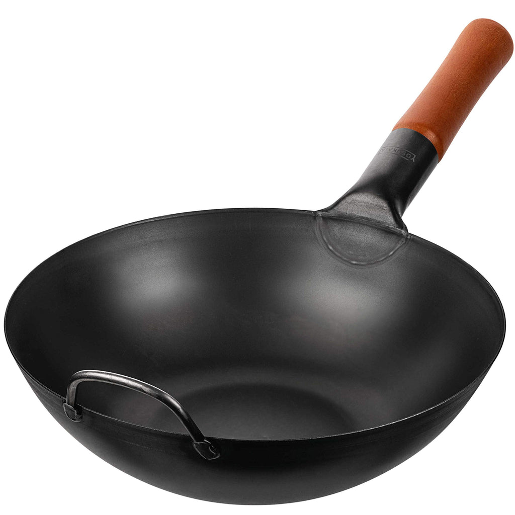 Yosukata 30 cm Carbon Steel Wok Pan – Pre-Seasoned Flat Bottom Pow Wok
