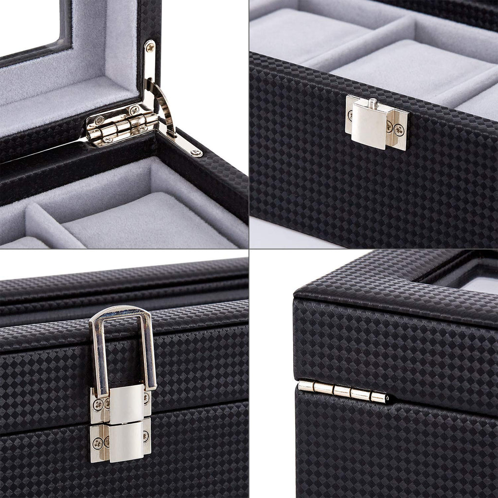 Mondeer 6-Slot Watch Box | Black PU Leather Organizer with Glass Lid