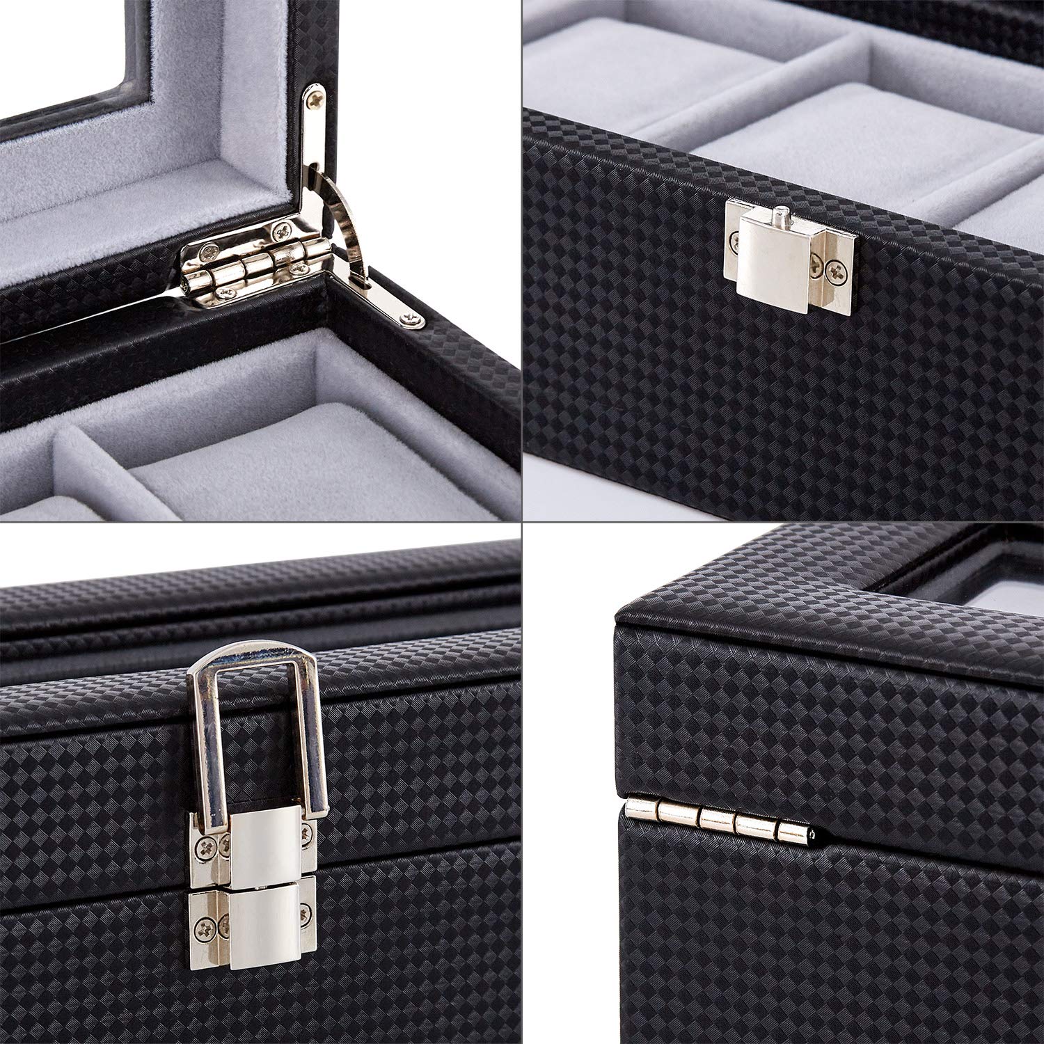 Mondeer 6-Slot Watch Box | Black PU Leather Organizer with Glass Lid