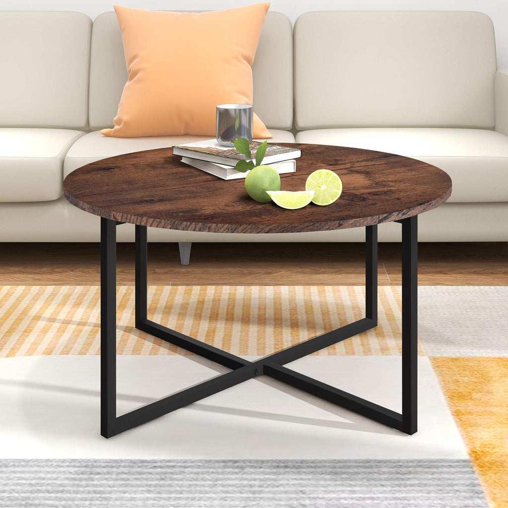 BOFENG Round Coffee Table – Modern Wood and Metal Sofa Tea Table