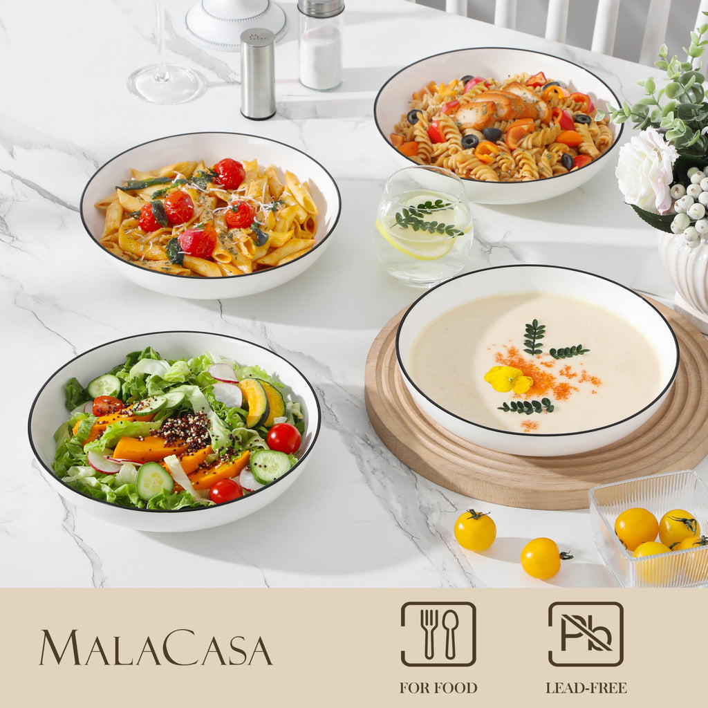 MALACASA 42oz Ceramic Pasta Bowls Set of 4 – Large Shallow Salad Bowls