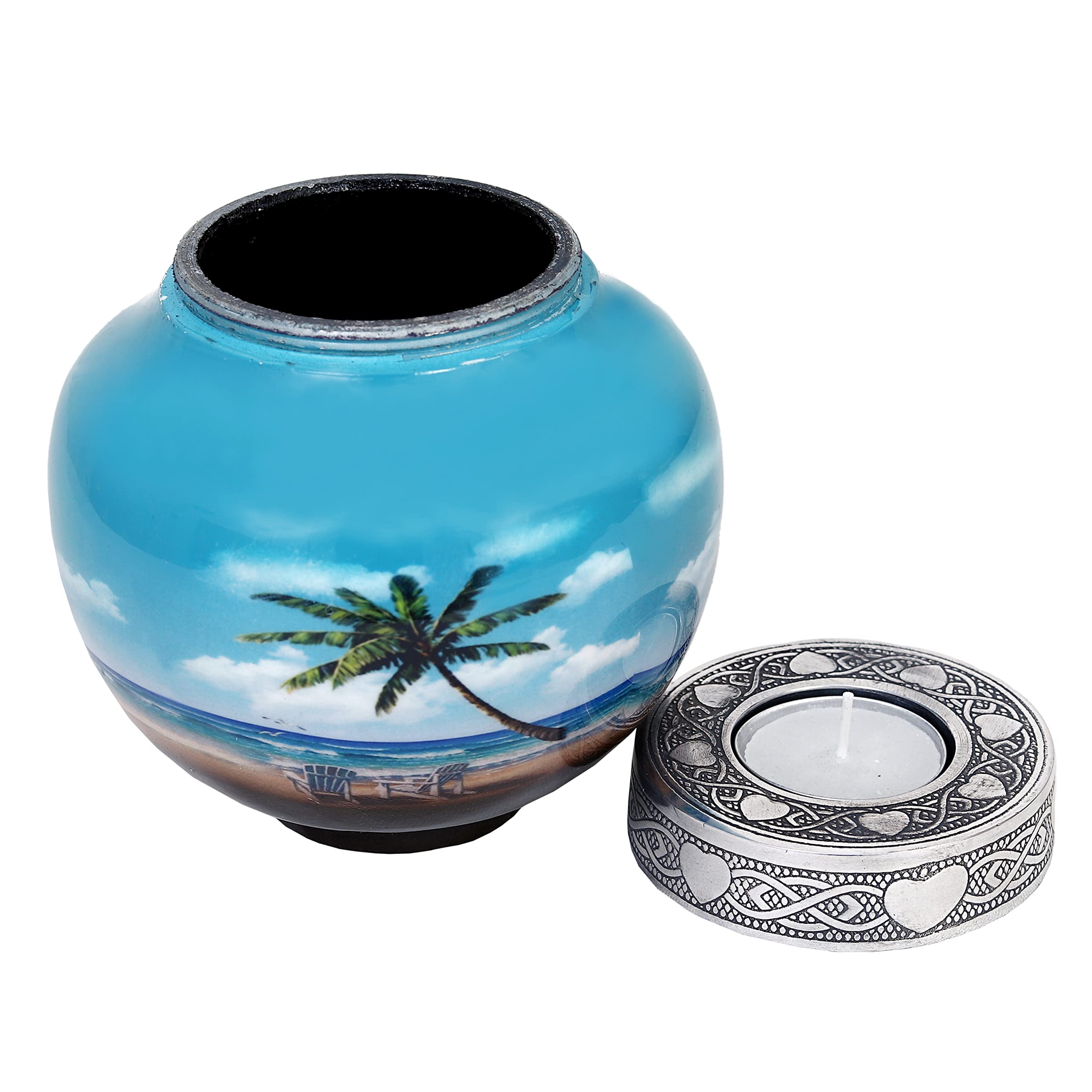 HLC Blue Palm Tree Cremation Urn – Handcrafted Aluminum Memorial Urn