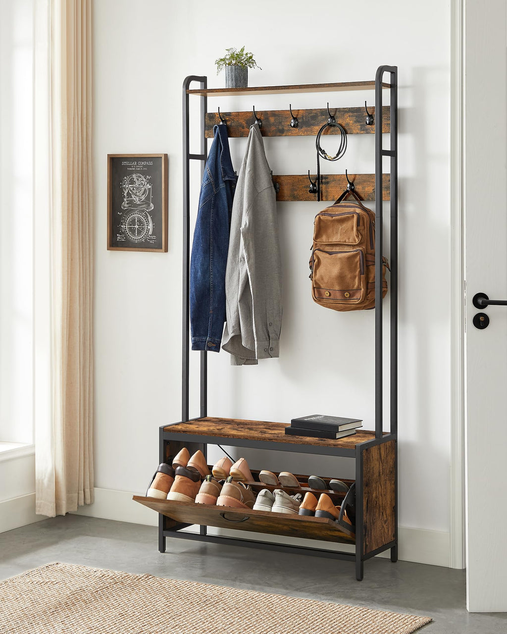 VASAGLE Industrial Hall Tree with Bench and Shoe Storage – Rustic Brown