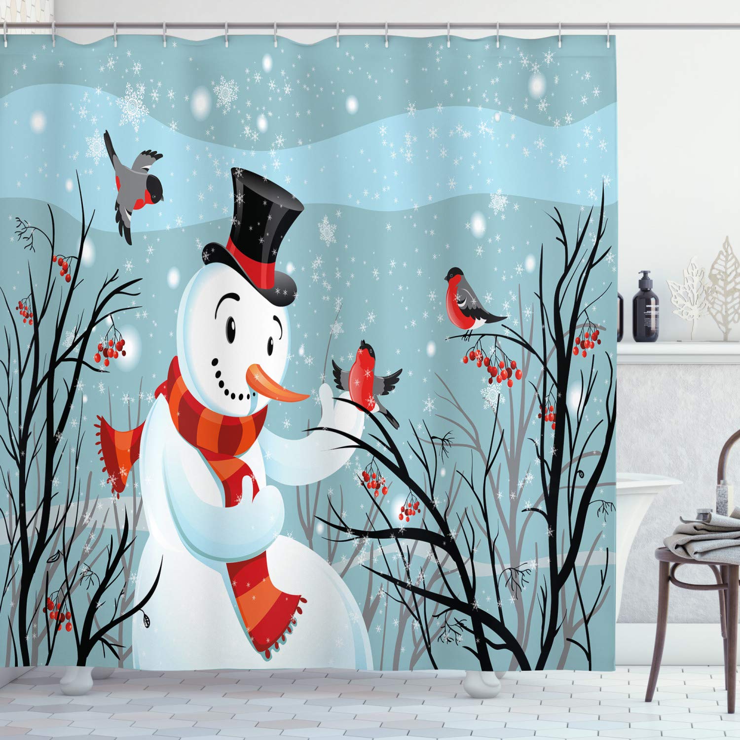 ABAKUHAUS Christmas Shower Curtain – Snowy Winter Tree Fabric Decor with Hooks