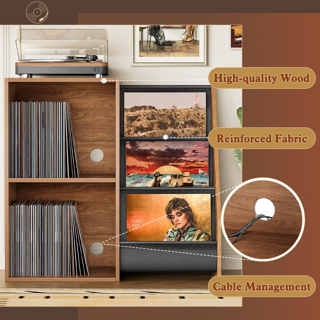 Bikoney Record Player Stand with 3-Tier Vinyl Storage for 220 LPs - Walnut - image 5