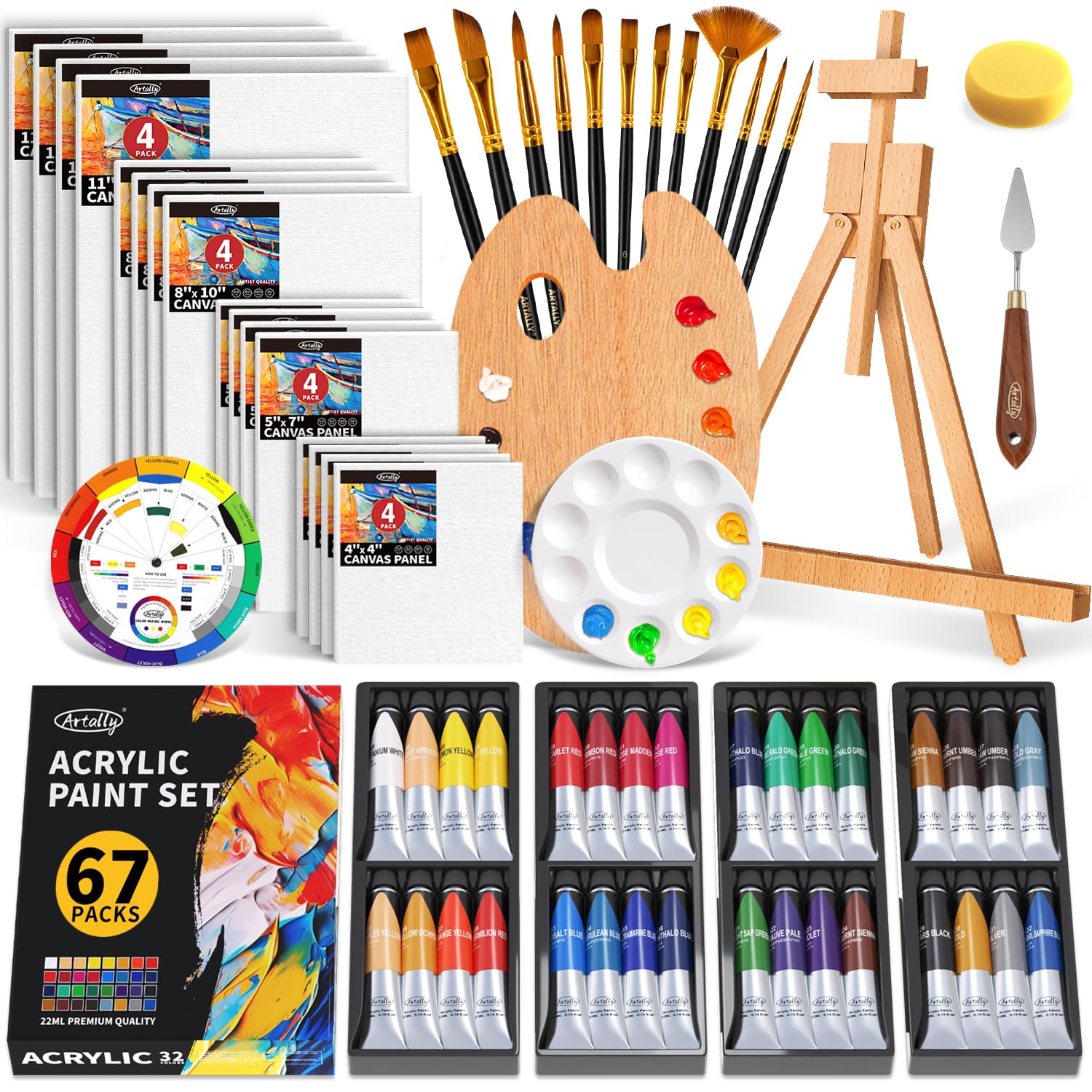 ARTALLY 67-Piece Acrylic Paint Set with Tabletop Easel and 32 Colors