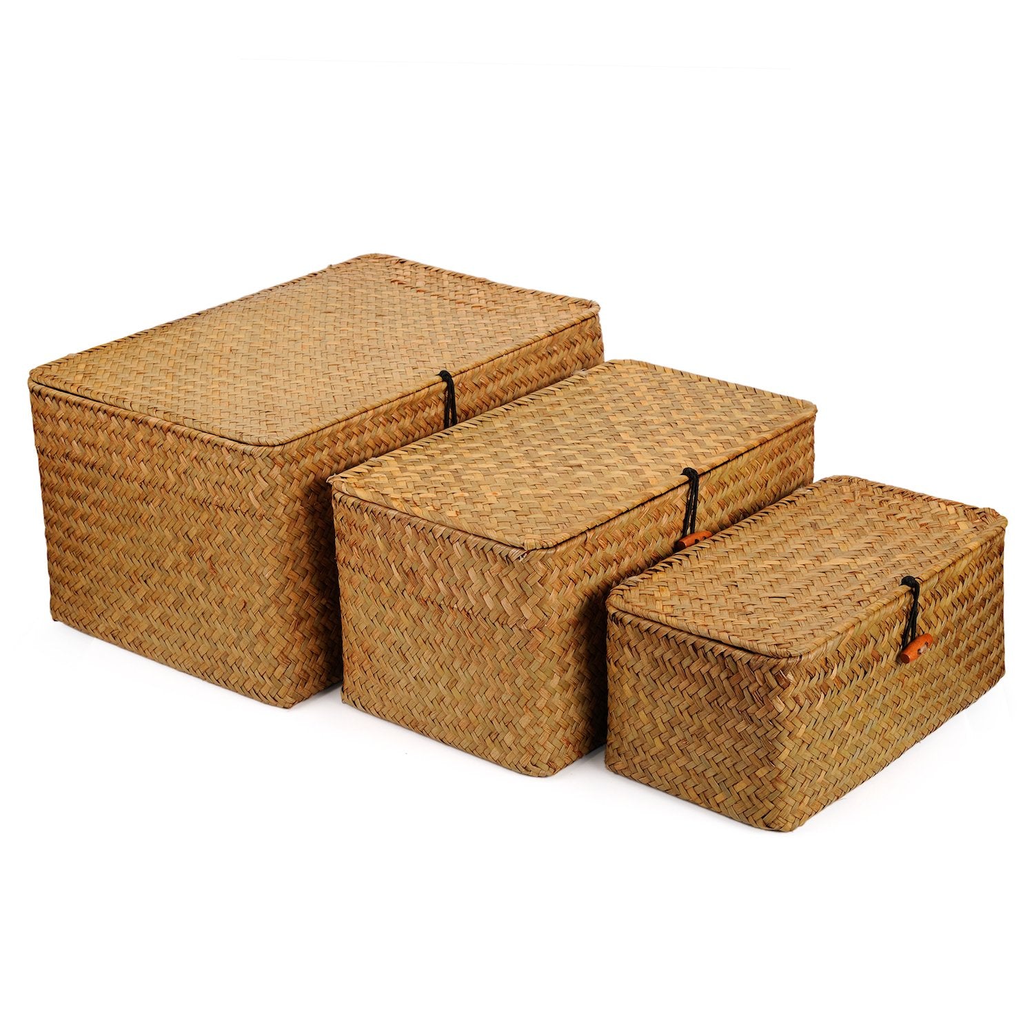 Seagrass Storage Baskets with Lid – Woven Rattan Set of 3
