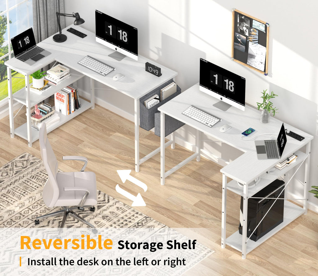 Yornoli L-Shaped Computer Desk with Power Outlet & Storage - Snow White