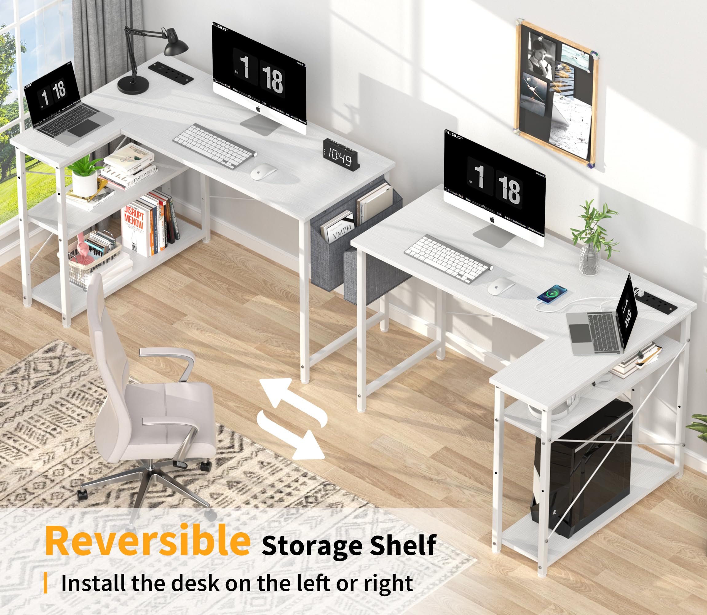 Yornoli L-Shaped Computer Desk with Power Outlet & Storage - Snow White