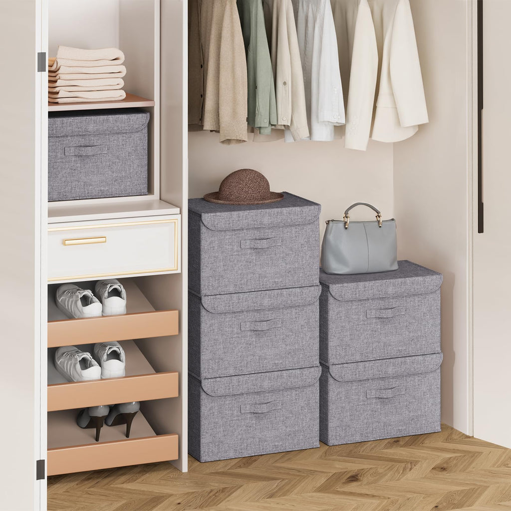 5 Pack of Stackable Storage Boxes with Lids Linen Wardrobe Organiser 37.8L - image 1