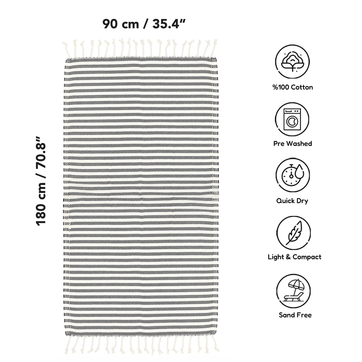 Blue Beach Turkish Towel Striped - 90 x180cm Large Turkish Hammam Peshtemal Towel - Super Absorbent, Quick Dry, Lightweight - image 4
