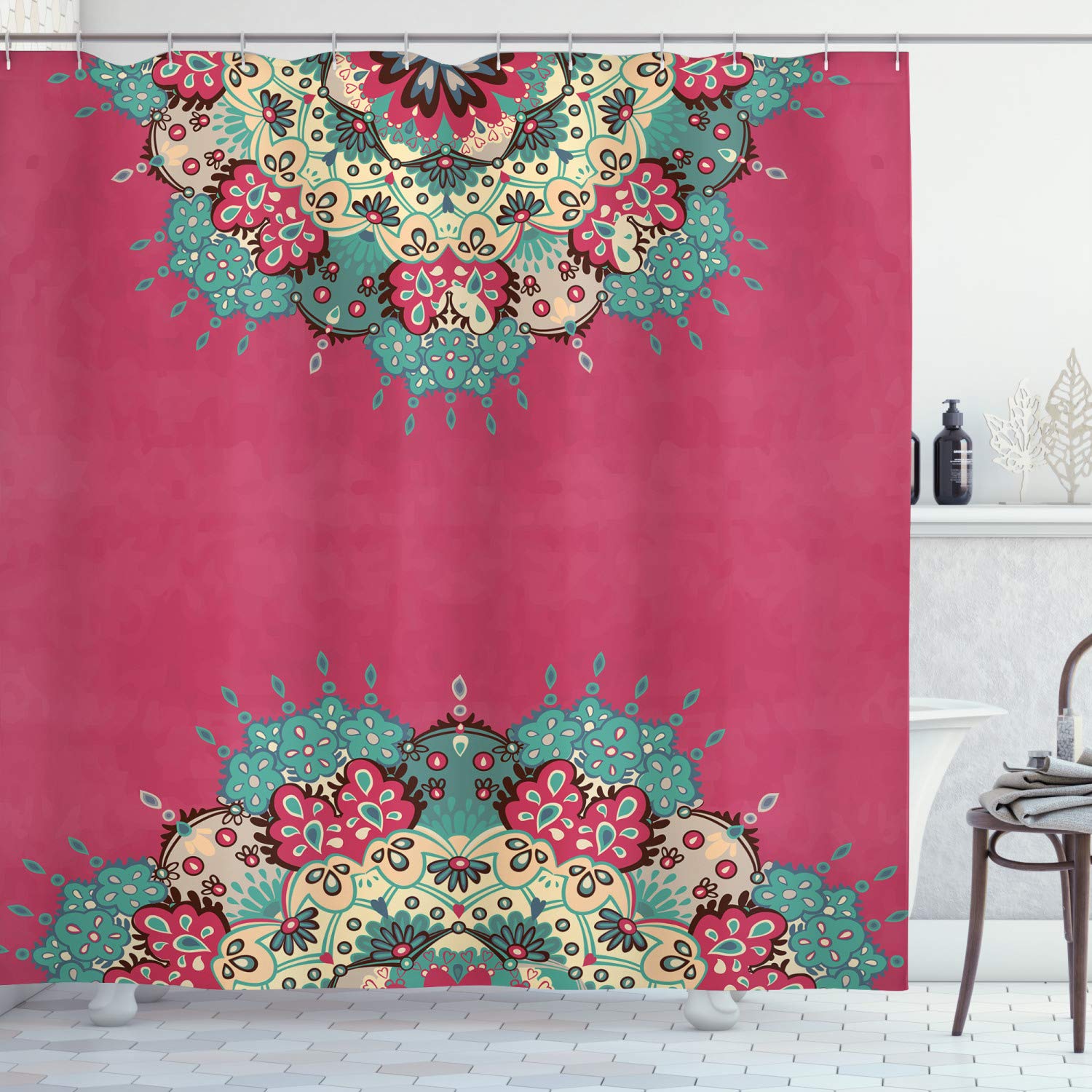 ABAKUHAUS Mandala Shower Curtain | Pink Floral Boho Fabric Decor with Hooks