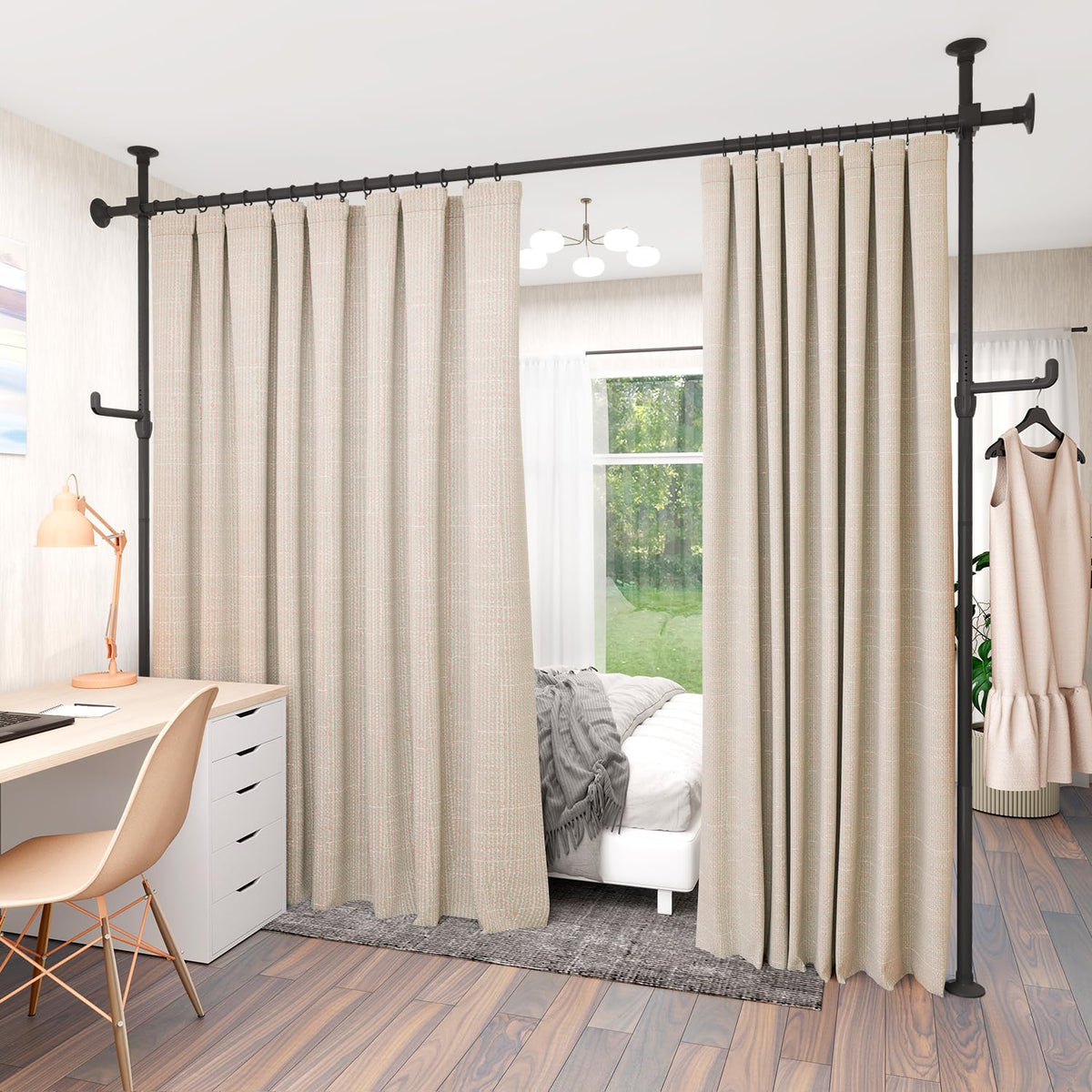 KELIXU Room Divider Curtain Rod No Drilling, 4-10ft W x 4-10ft H Room Partition with Hanging Hooks, Floor to Ceiling Divider for Room Separation - image 1