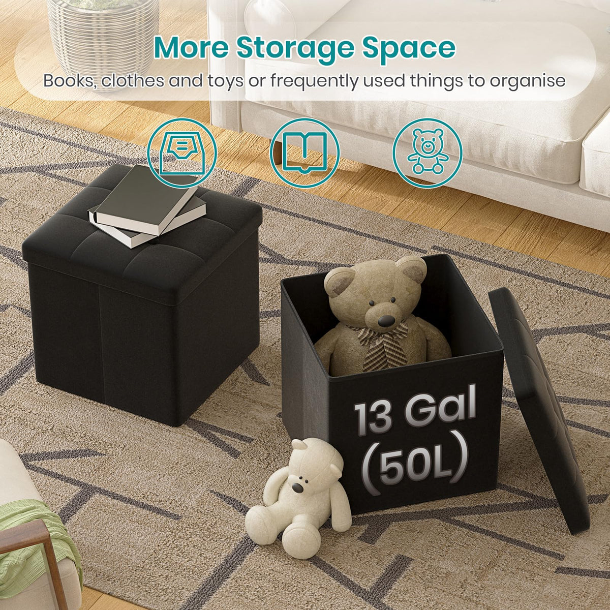 Oak & Tea Storage Ottoman, Foldable Storage Bench, Small Footrest, Cube Storage Unit, 1 Storage Boxes with Lid, Footstool - image 4
