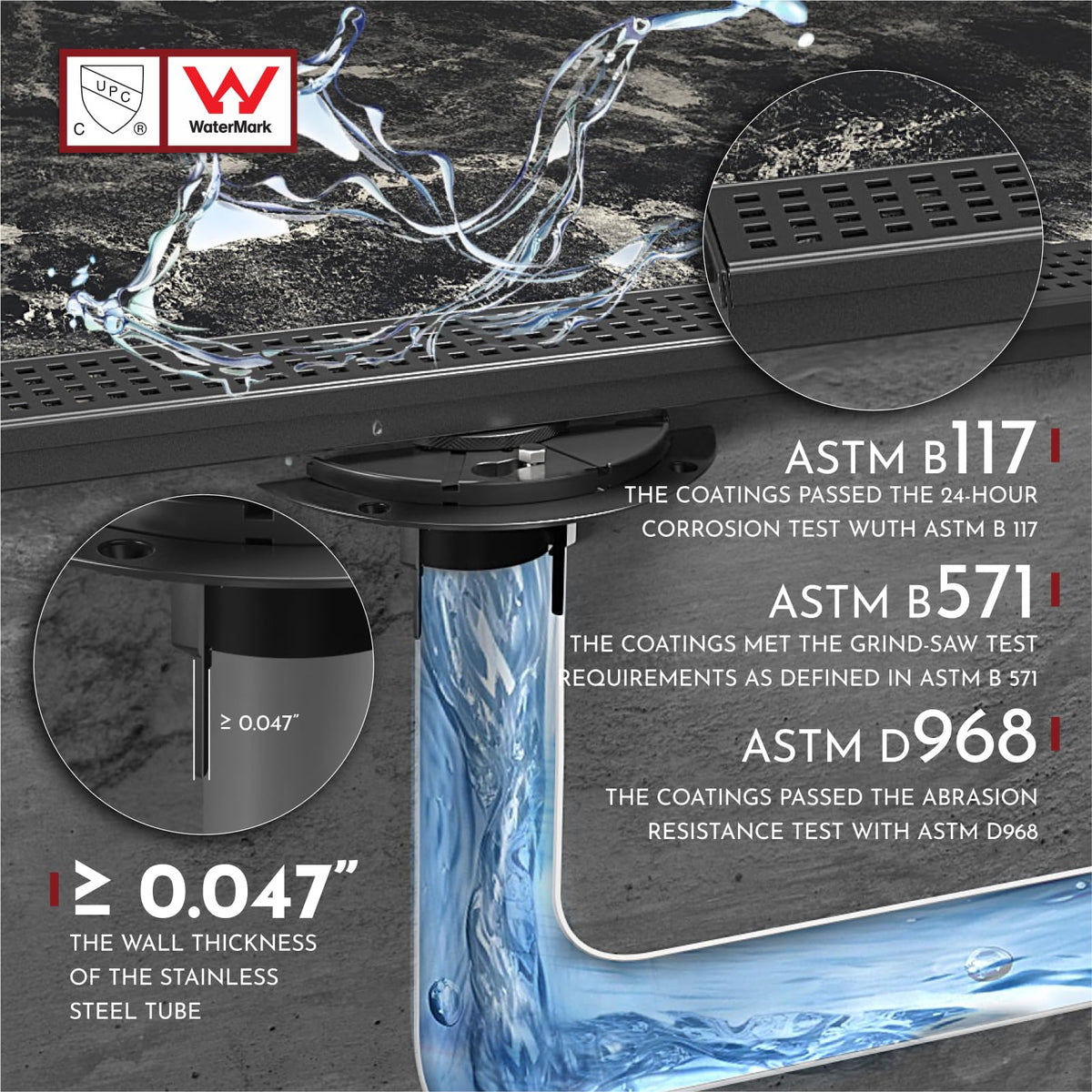 WEBANG 24 Inch Rectangular Linear Shower Floor Drain With Accessories,Quadrato Pattern Grate Removable,Food-grade SUS 304 Stainless - image 5