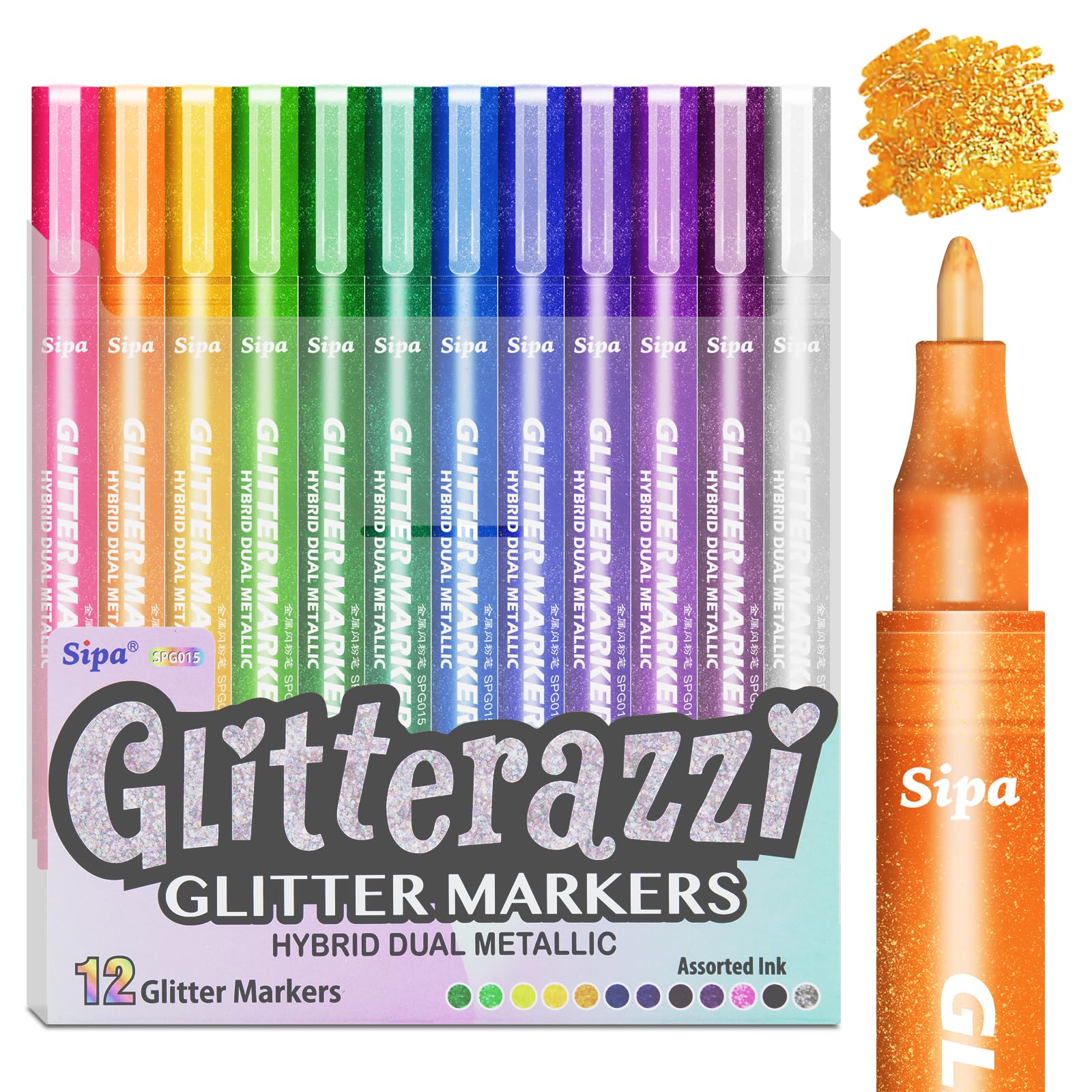 Sipa 12-Piece Glitter Paint Markers | 1mm Metallic Pens for DIY Crafting