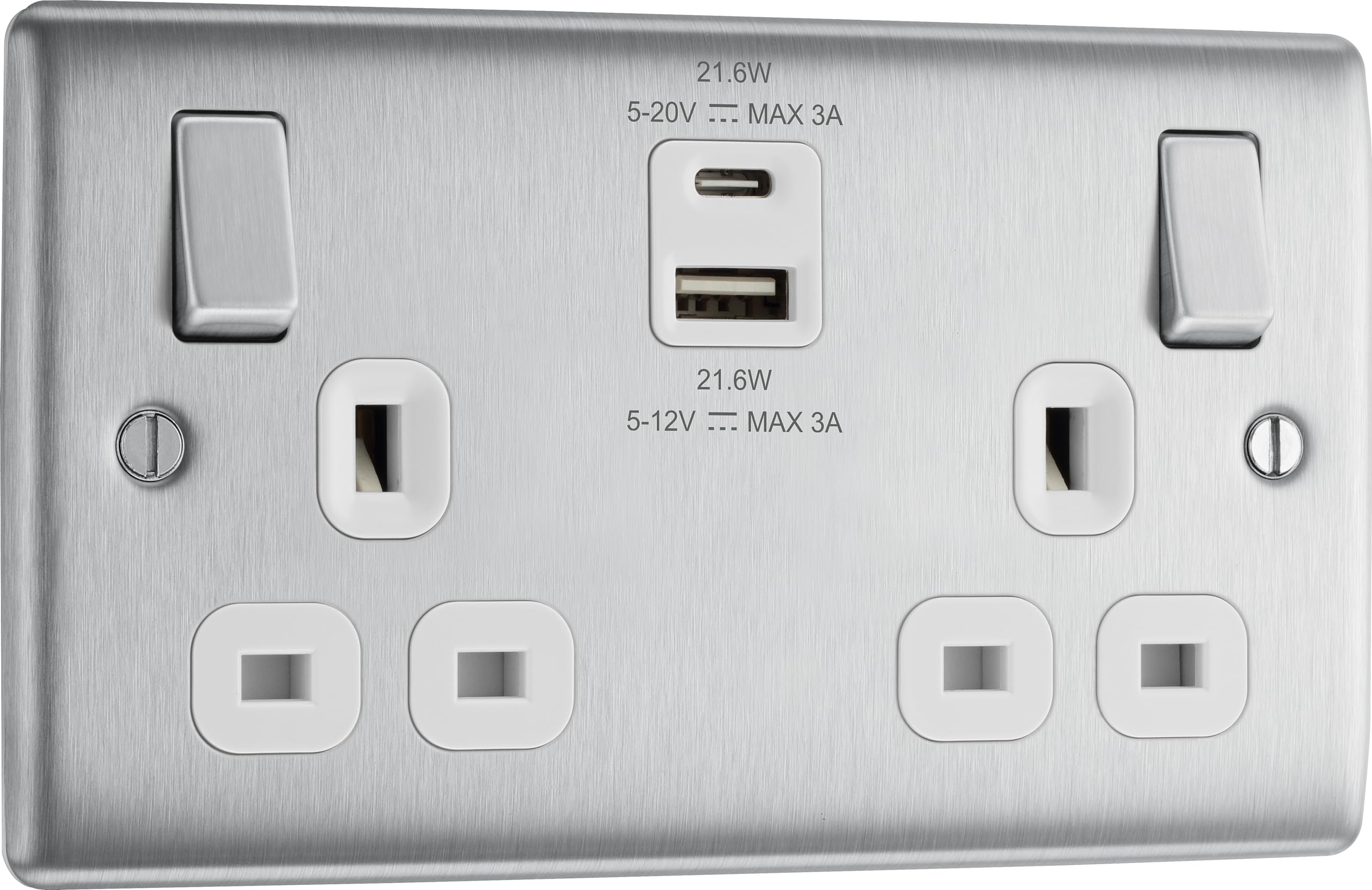 BG Electrical Double Switched Socket | 22W USB A & C | Brushed Steel